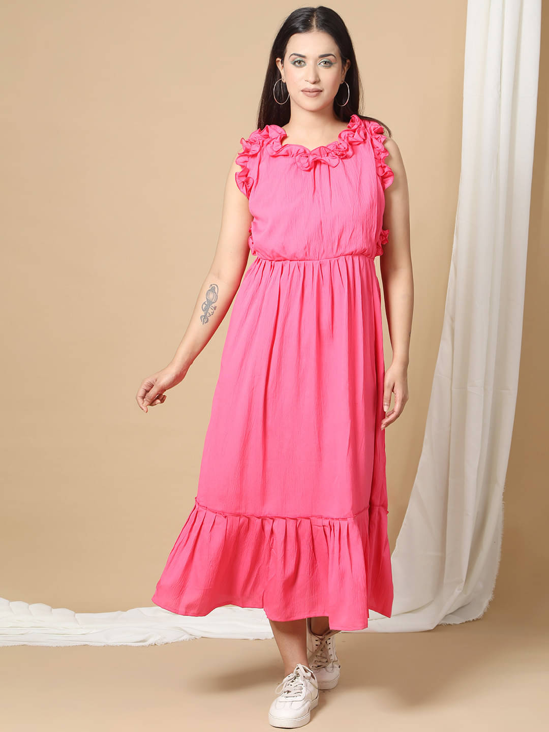     			Ridaa Women's Crepe Solid Fit & Flare Dress ( Pink )