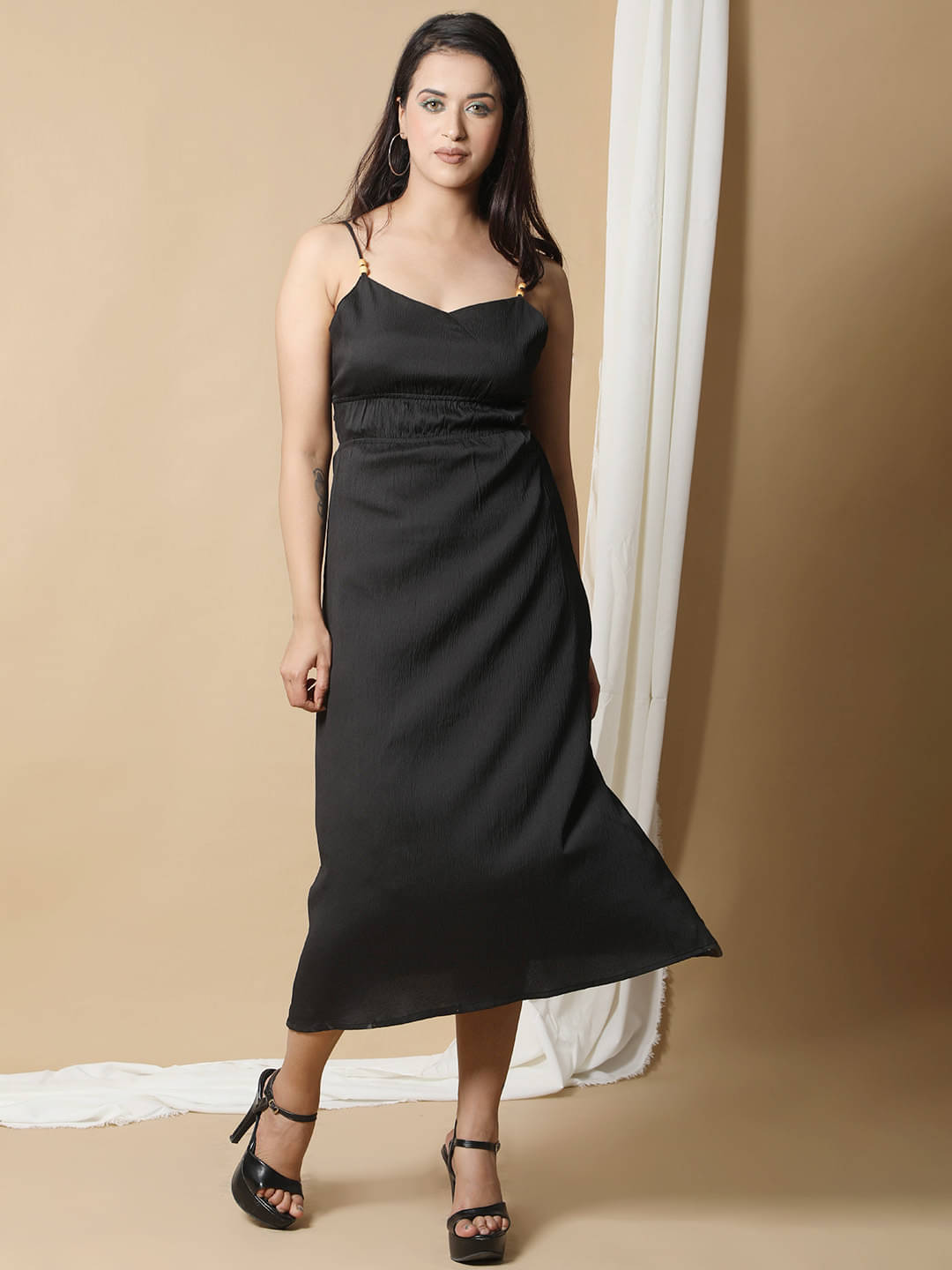     			Ridaa Women's Crepe Solid A-line Dress ( Black )