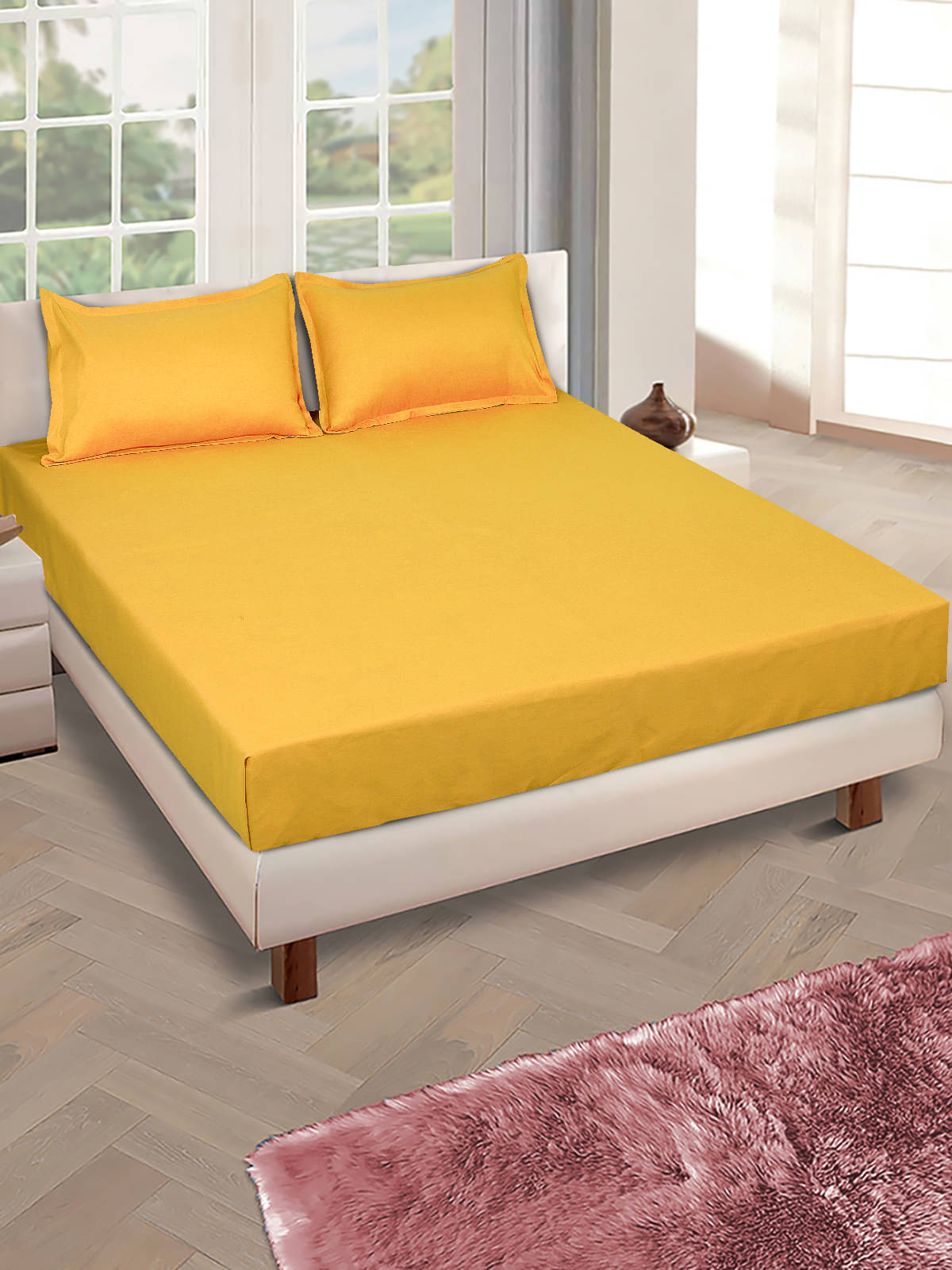 Romee Microfiber 1 Double Queen Bedsheet with 2 Pillow Covers ( Yellow ) Romee Microfiber 1 Double Queen Bedsheet with 2 Pillow Covers ( Yellow )