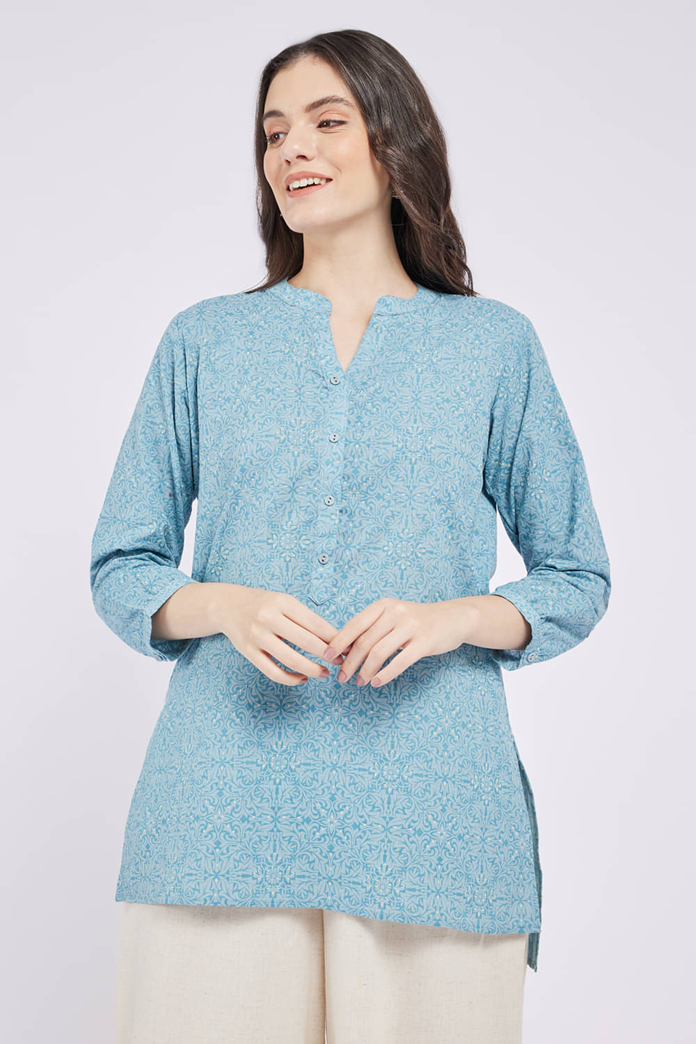 Span Women's Cotton Self Design Straight Kurti - ( Blue ) Span Women's Cotton Self Design Straight Kurti - ( Blue )