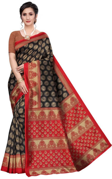     			Suali Cotton Silk Printed Saree With Unstitched Blouse Piece ( Black )