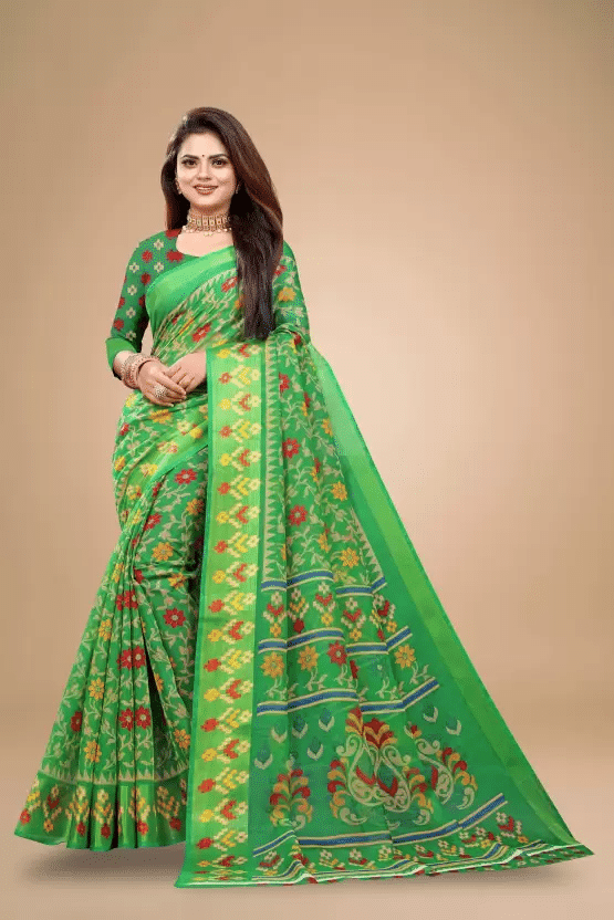     			Suali Cotton Silk Printed Saree With Unstitched Blouse Piece ( Green )
