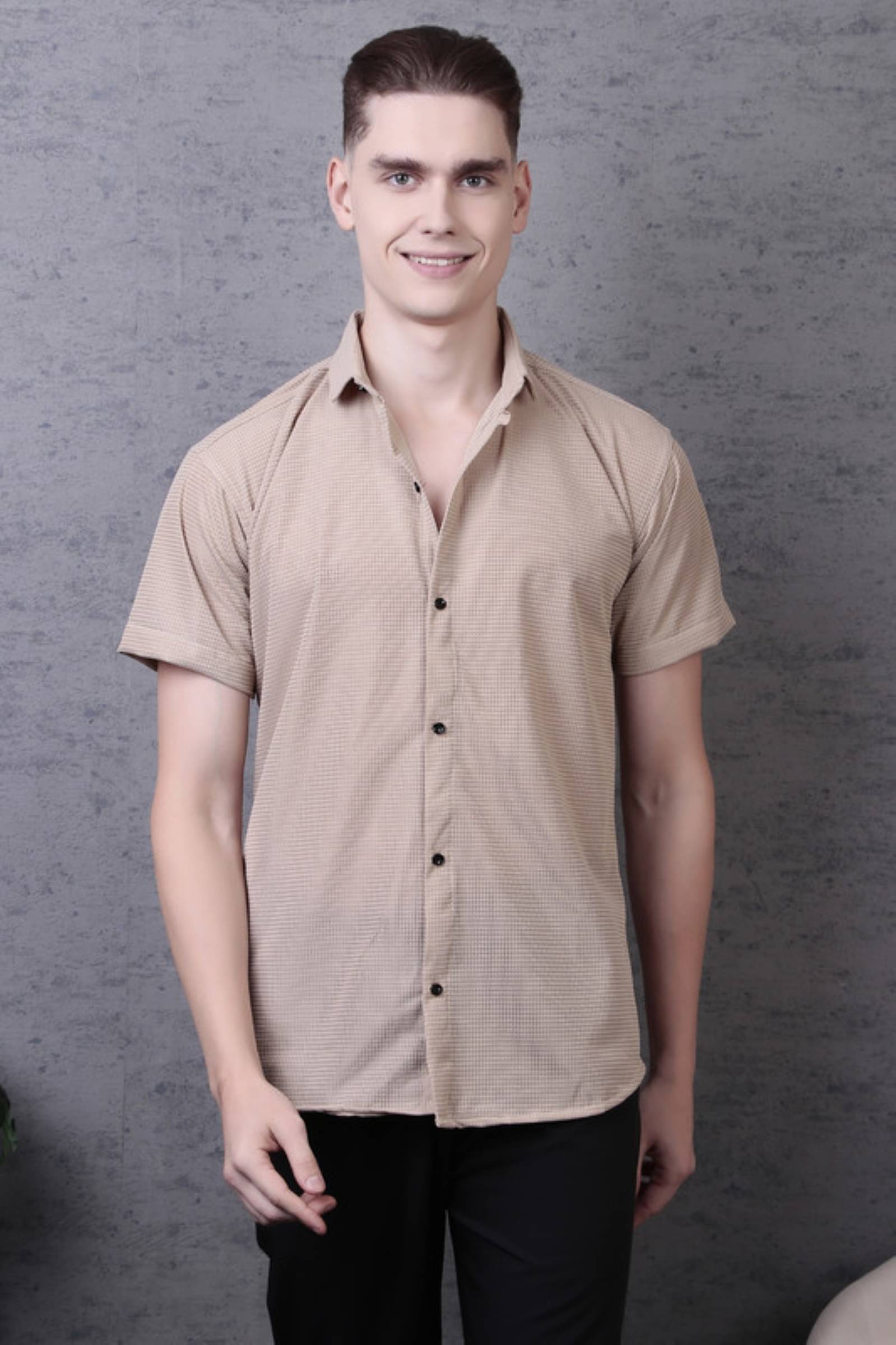     			Tater Garments Polyester Regular Fit Self Design Half Sleeves Men's Casual Shirt - Beige ( Pack of 1 )