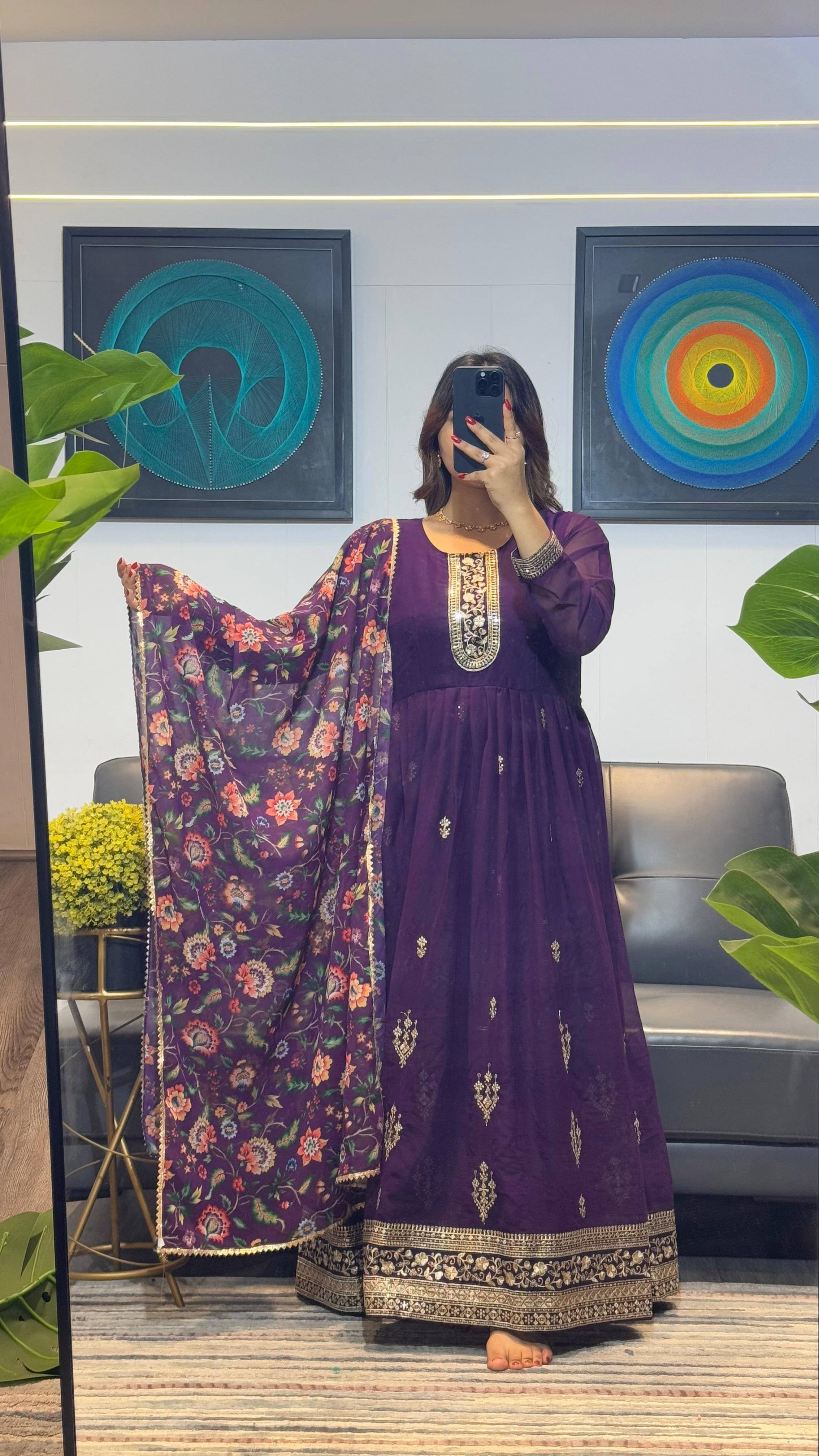 Trijal Fab Women Georgette Anarkali Stitched Ethnic Gown ( Purple )     			Trijal Fab Women Georgette Anarkali Stitched Ethnic Gown ( Purple )