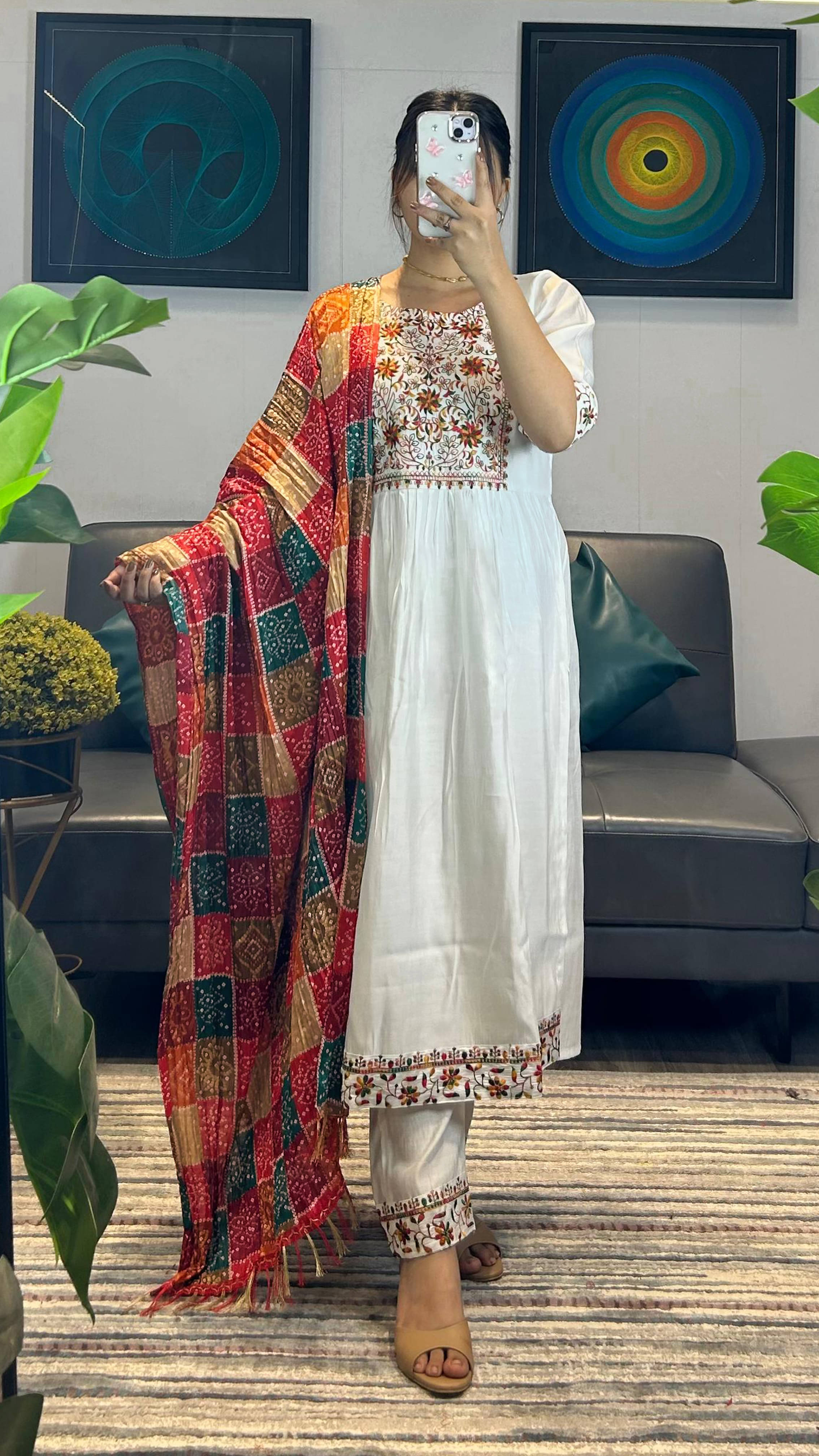 Trijal Fab Women's Silk Blend Embroidered Kurti With Pants ( White )     			Trijal Fab Women's Silk Blend Embroidered Kurti With Pants ( White )