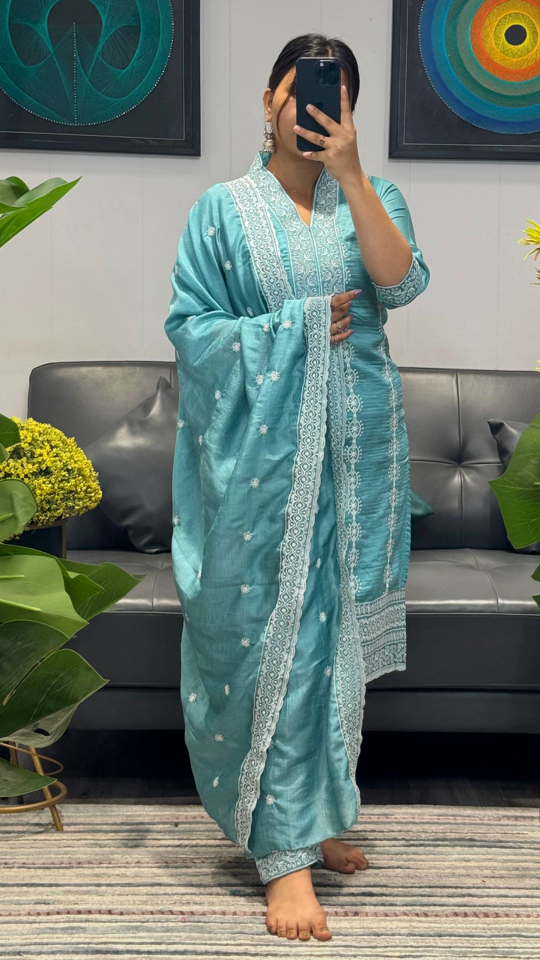     			Trijal Fab Women's Silk Blend Embroidered Kurti With Pants ( Aqua Blue )