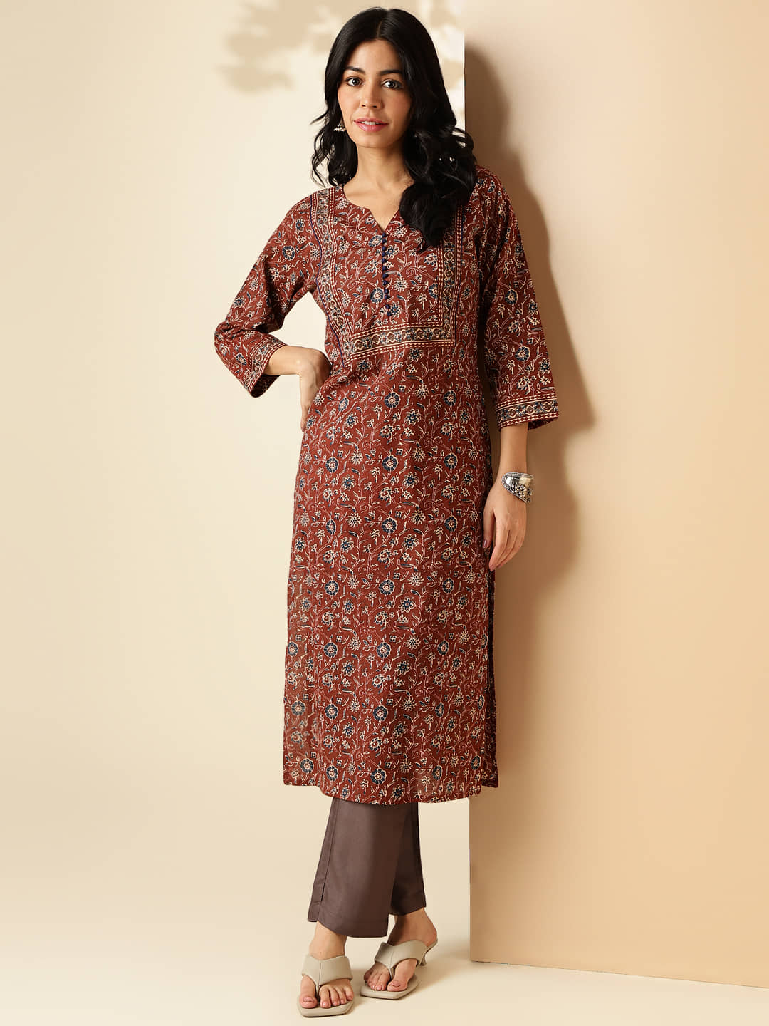 Vbuyz Cotton Printed Straight Women's Kurti - Brown ( Pack of 1 ) - Kurtis, Tunics | Buy online on ZillyBuy