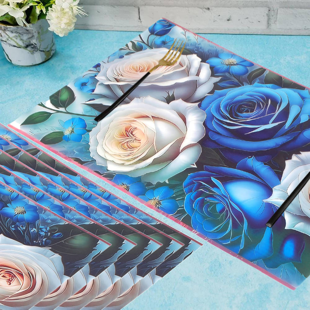     			WINNER PVC Floral Printed Rectangle Table Mats ( 45 cm x 30 cm ) Pack of 6 - Blue