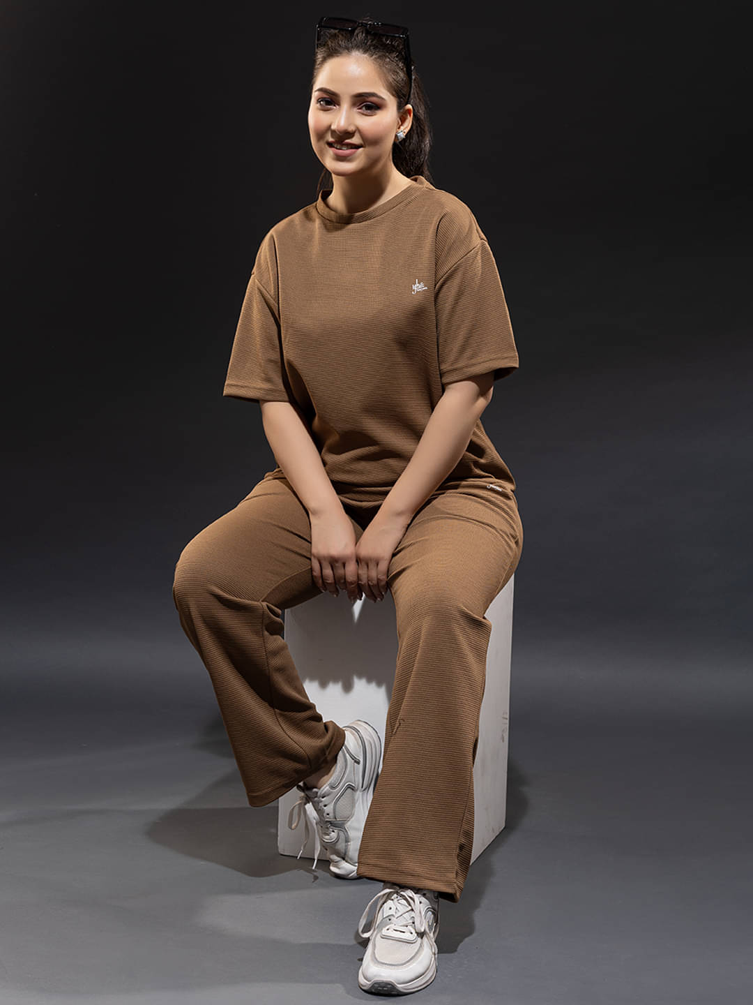     			YHA Women Solid T-Shirt With Trousers Co-Ord Set ( Khaki )