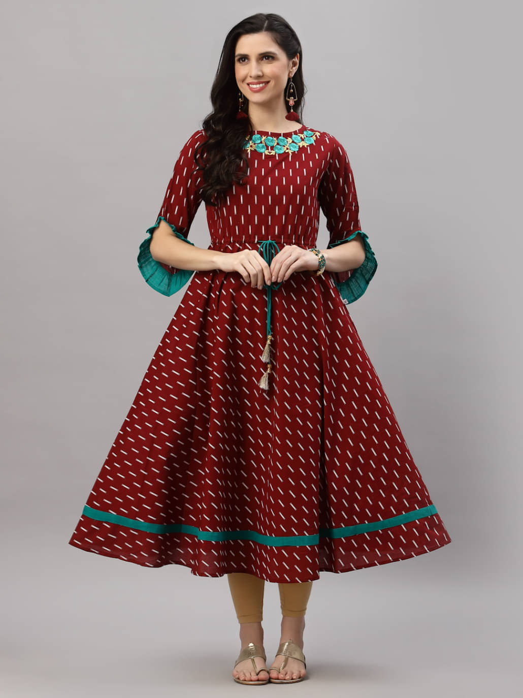 Yash Gallery Women's Cotton Embroidered Anarkali Kurti - ( Maroon ) Yash Gallery Women's Cotton Embroidered Anarkali Kurti - ( Maroon )