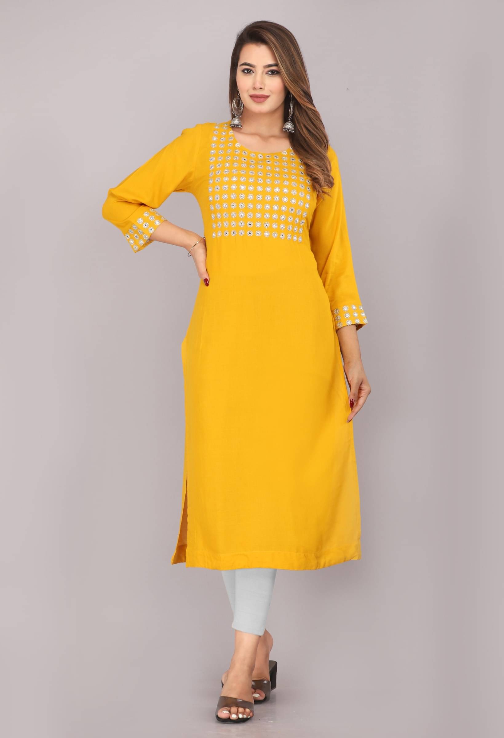 jain creation Women's Cotton Blend Embroidered Straight Kurti - ( Yellow ) jain creation Women's Cotton Blend Embroidered Straight Kurti - ( Yellow )