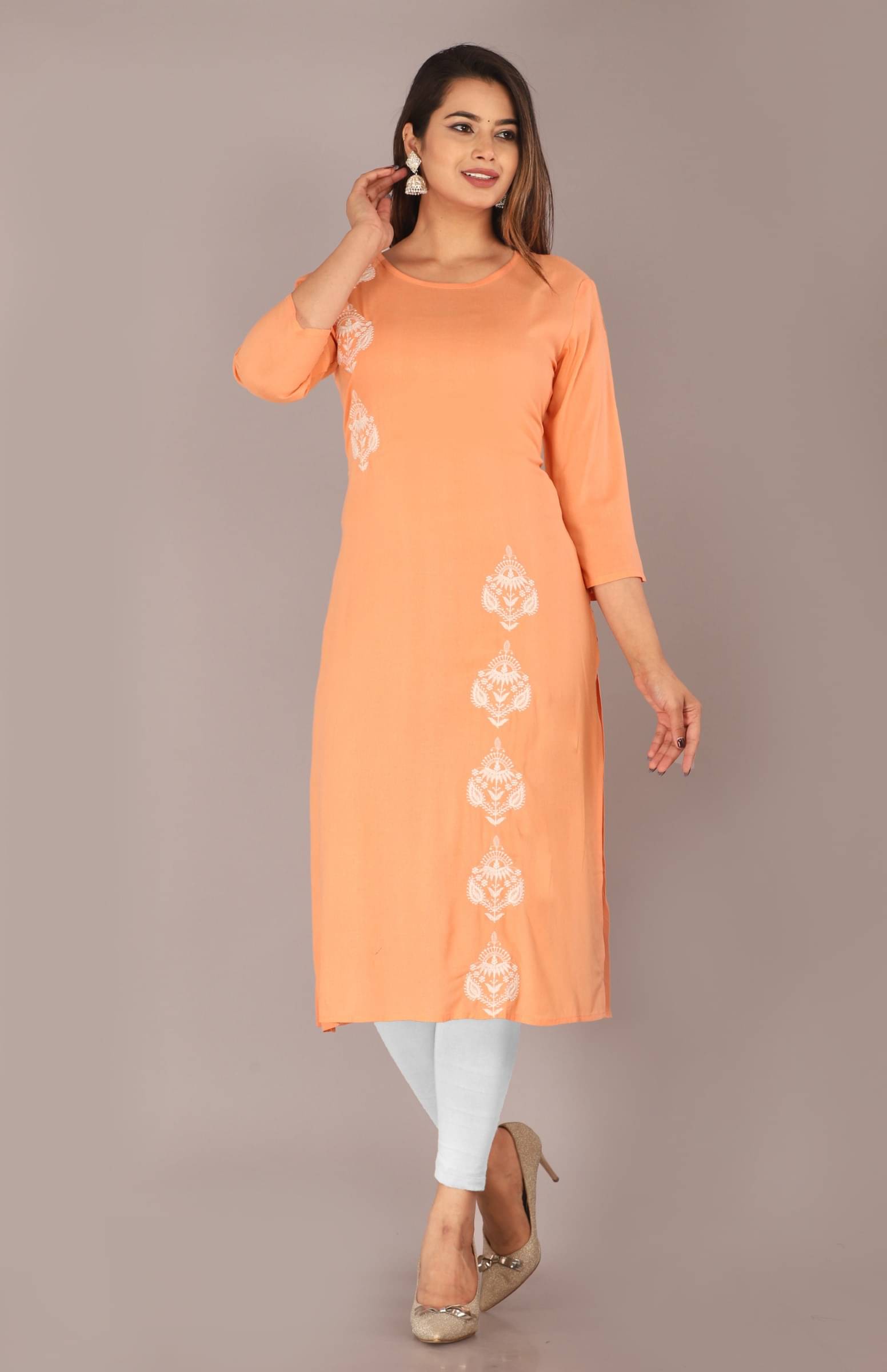 jain creation Women's Cotton Embroidered Straight Kurti - ( Orange ) jain creation Women's Cotton Embroidered Straight Kurti - ( Orange )
