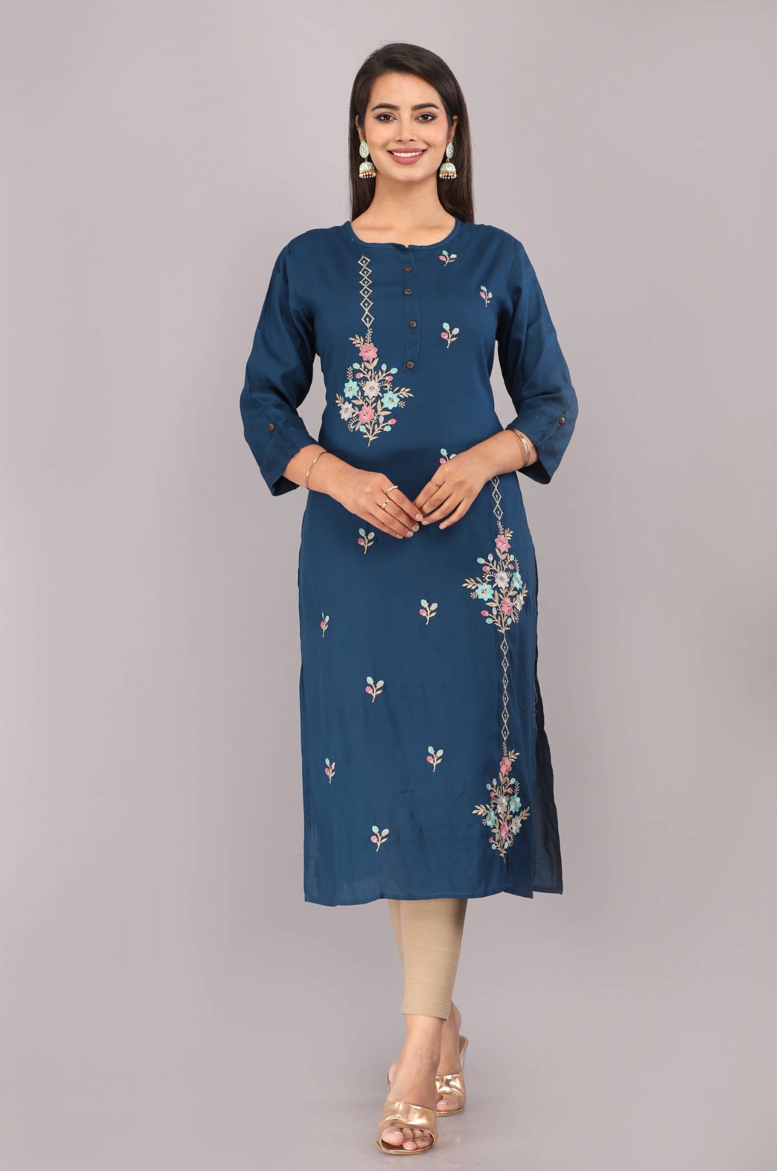 jain creation Women's Cotton Blend Embroidered Straight Kurti - ( Dark Blue ) jain creation Women's Cotton Blend Embroidered Straight Kurti - ( Dark Blue )