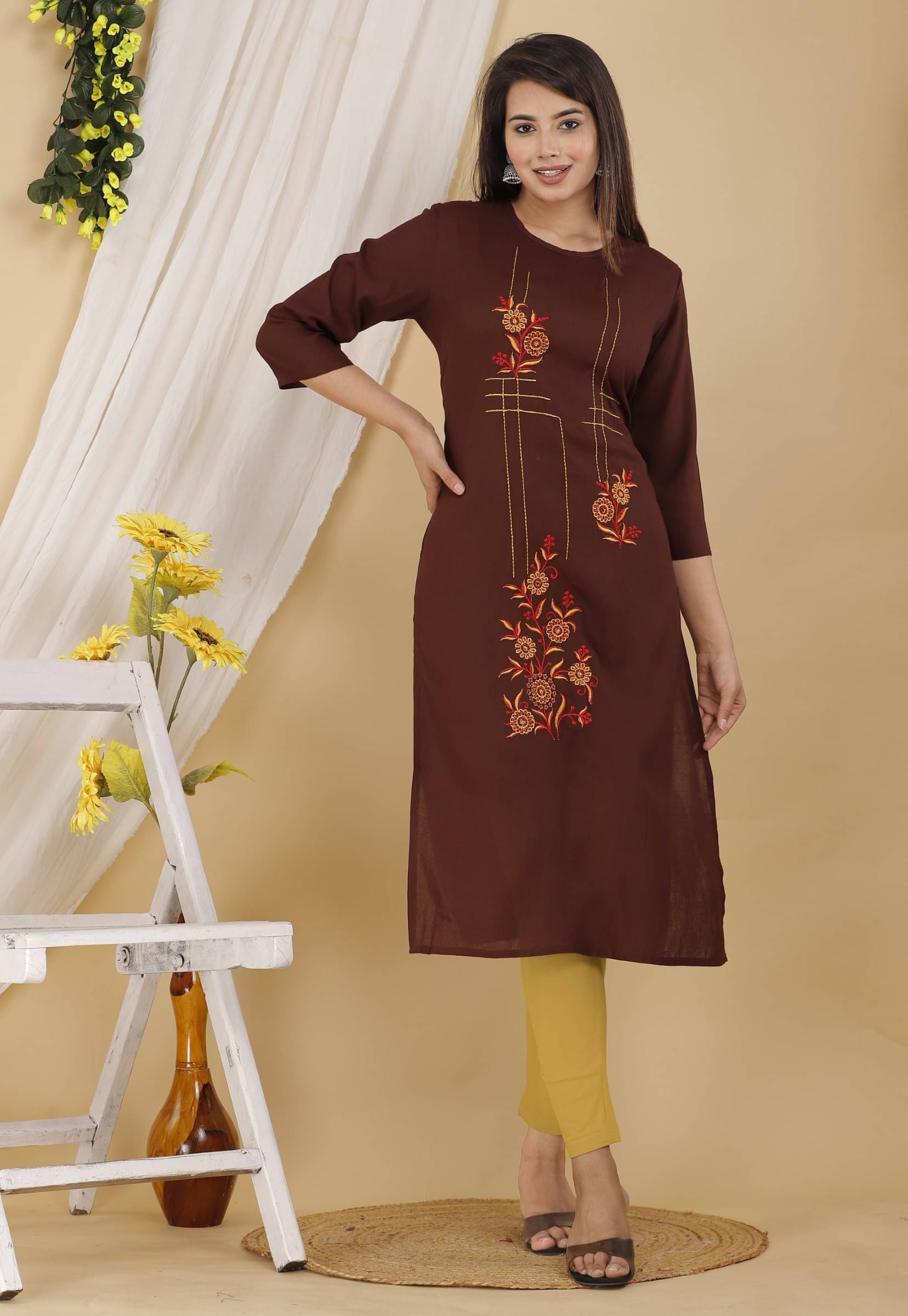 jain creation Women's Cotton Blend Embroidered Straight Kurti - ( Brown ) jain creation Women's Cotton Blend Embroidered Straight Kurti - ( Brown )
