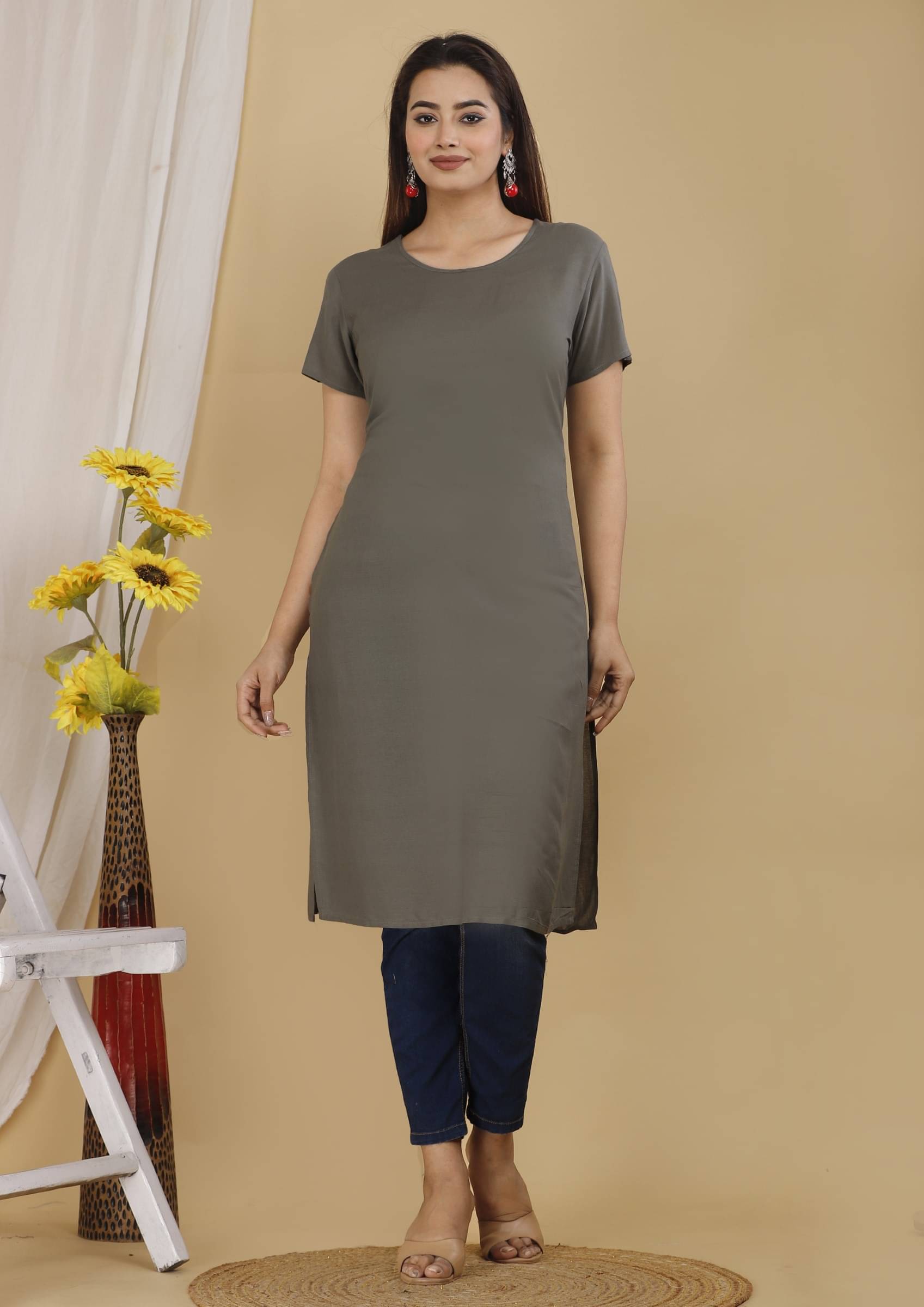 jain creation Women's Cotton Blend Solid Straight Kurti - ( Grey ) jain creation Women's Cotton Blend Solid Straight Kurti - ( Grey )