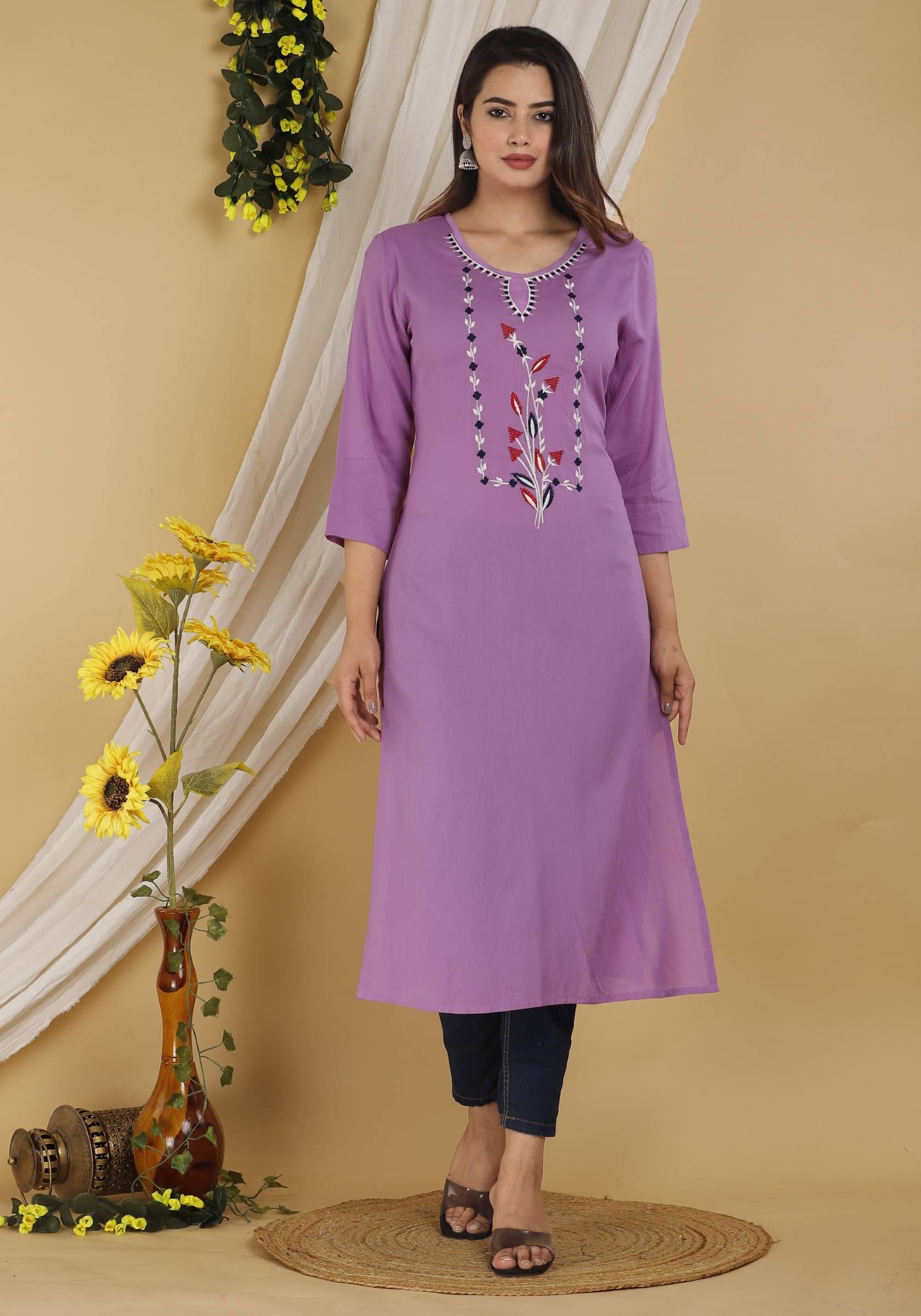 jain creation Women's Cotton Blend Embroidered Straight Kurti - ( Purple ) jain creation Women's Cotton Blend Embroidered Straight Kurti - ( Purple )