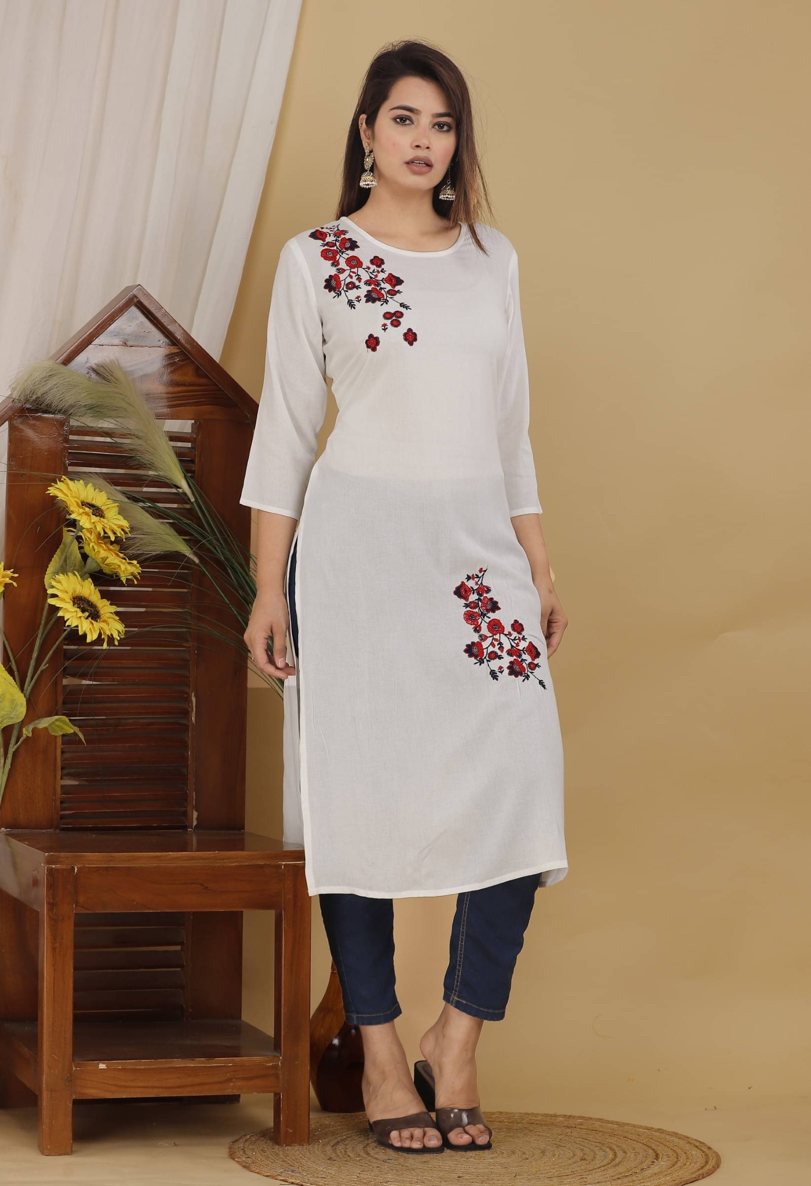 jain creation Women's Cotton Blend Embroidered Straight Kurti - ( White ) jain creation Women's Cotton Blend Embroidered Straight Kurti - ( White )