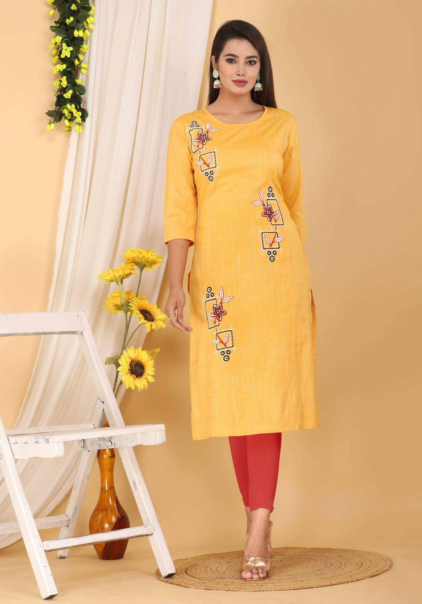 jain creation Women's Cotton Printed Straight Kurti - ( Yellow )     			jain creation Women's Cotton Printed Straight Kurti - ( Yellow )