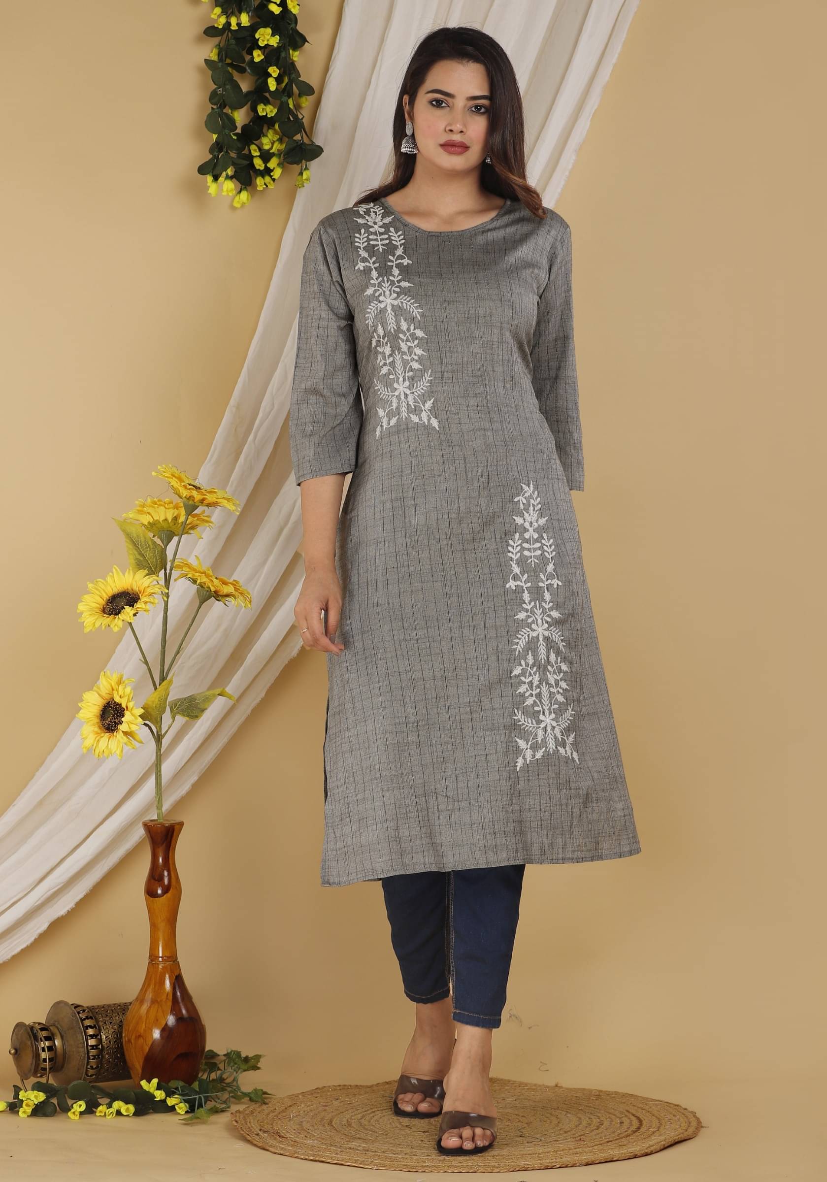     			jain creation Women's Cotton Silk Embroidered Straight Kurti - ( Grey )