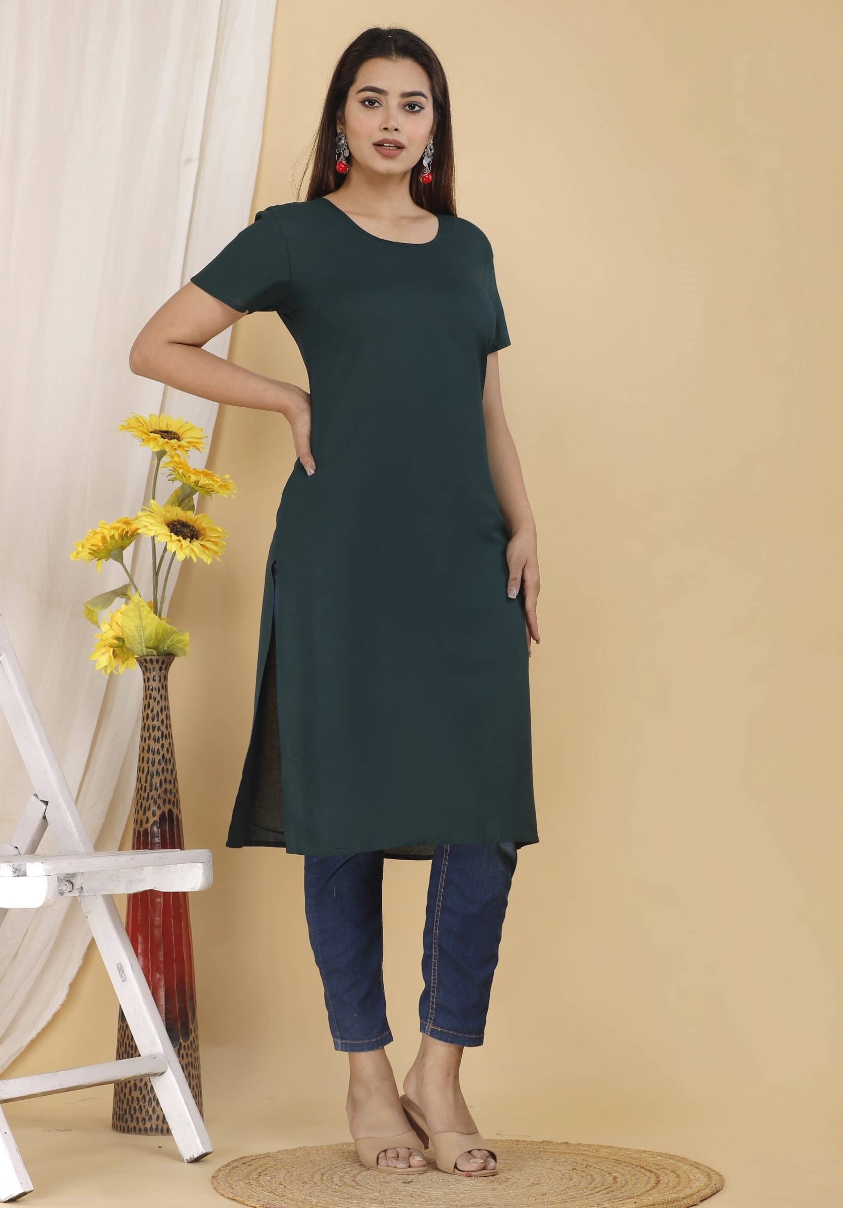 jain creation Women's Cotton Blend Solid Straight Kurti - ( Dark Green ) jain creation Women's Cotton Blend Solid Straight Kurti - ( Dark Green )