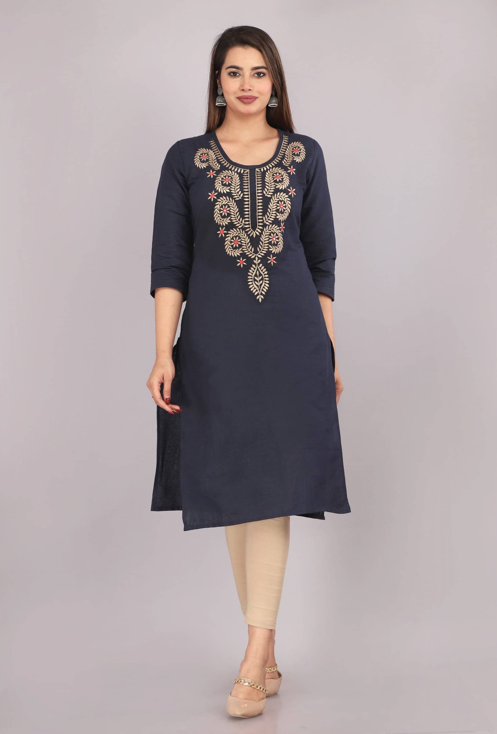 jain creation Women's Cotton Embroidered Straight Kurti - ( Blue ) jain creation Women's Cotton Embroidered Straight Kurti - ( Blue )
