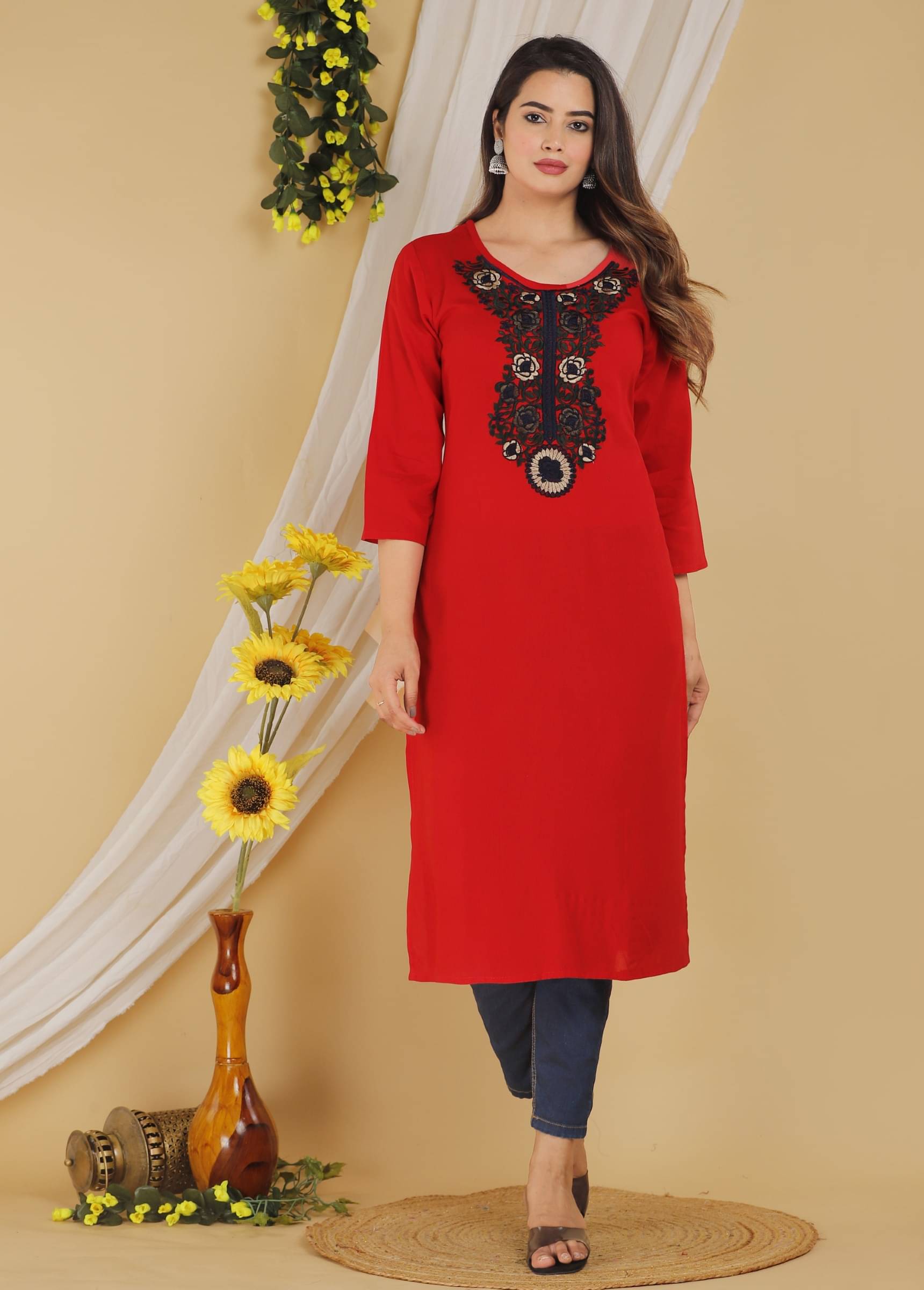 jain creation Women's Cotton Blend Embroidered Straight Kurti - ( Multicolor ) jain creation Women's Cotton Blend Embroidered Straight Kurti - ( Multicolor )
