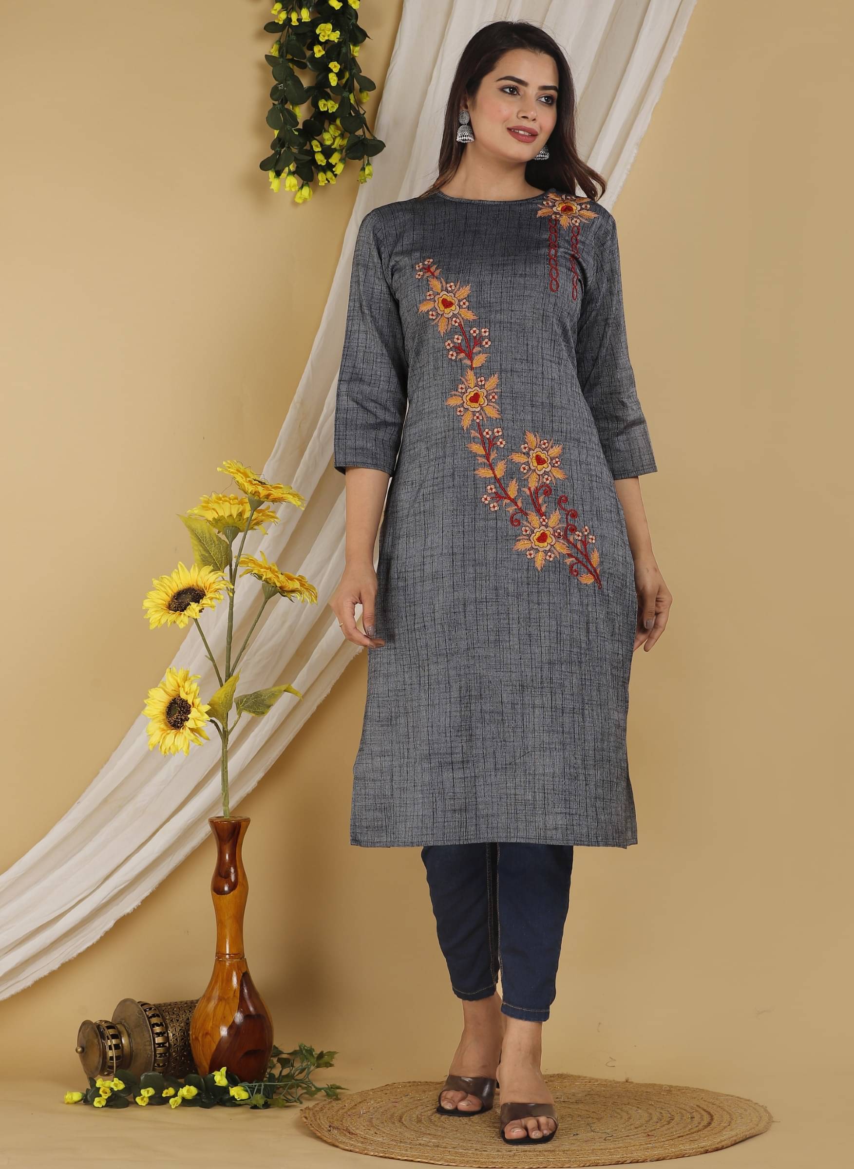 jain creation Women's Cotton Silk Embroidered Straight Kurti - ( Grey ) jain creation Women's Cotton Silk Embroidered Straight Kurti - ( Grey )
