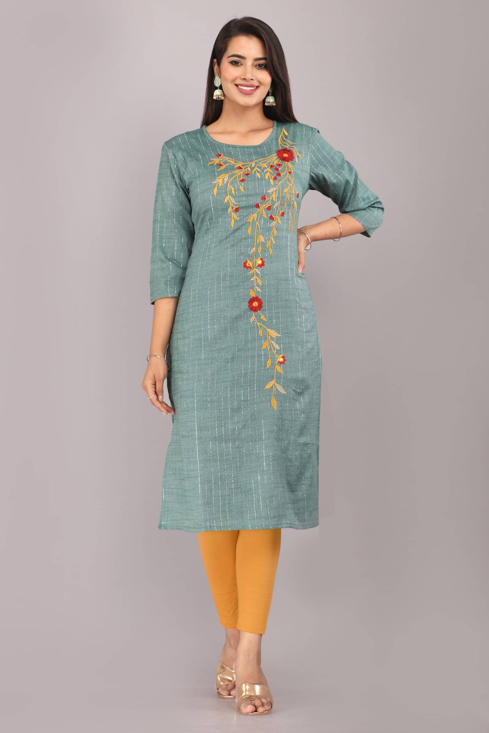     			jain creation Women's Cotton Silk Solid Straight Kurti - ( Green )