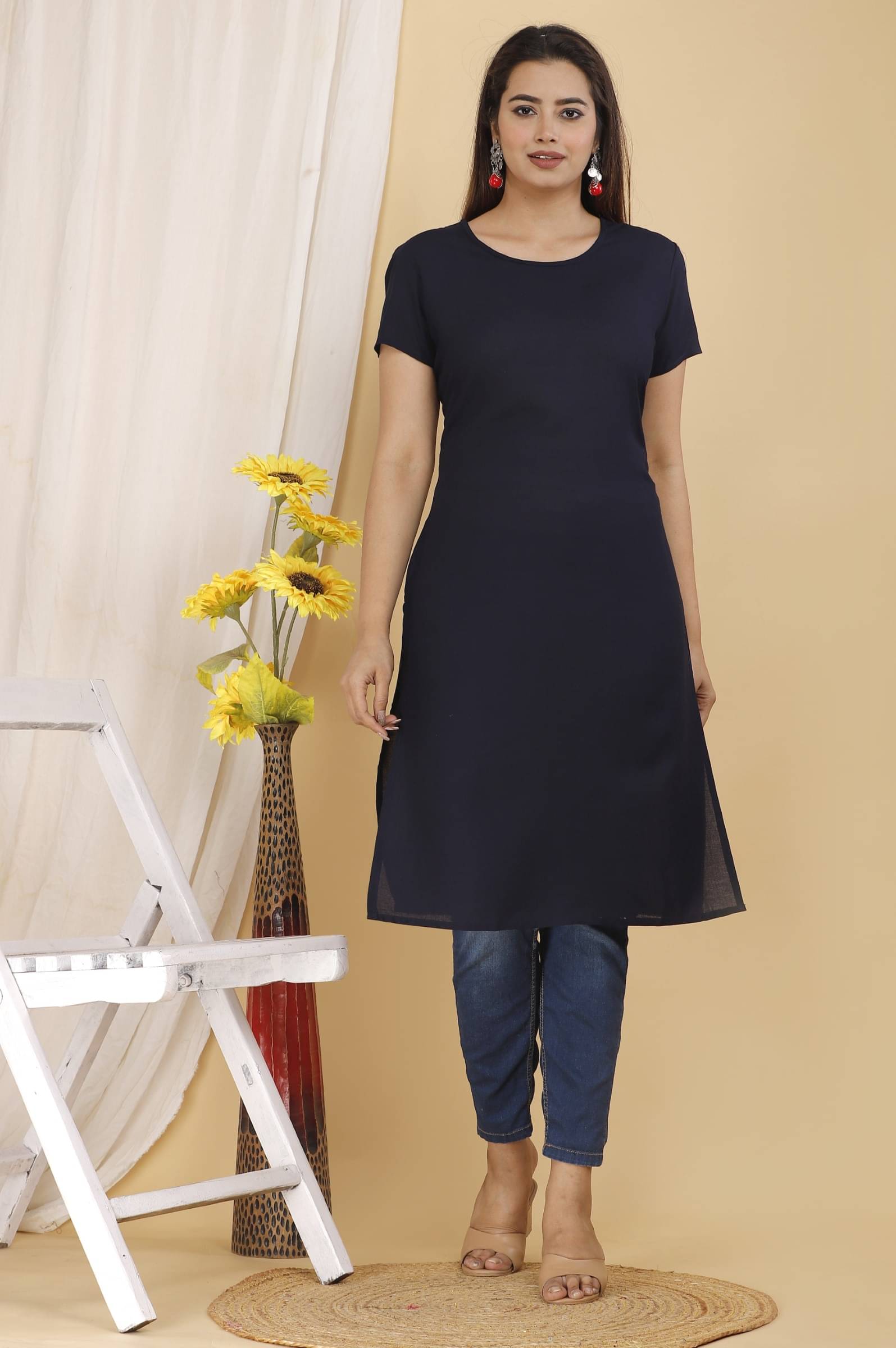    			jain creation Women's Cotton Blend Solid Straight Kurti - ( Dark Blue )