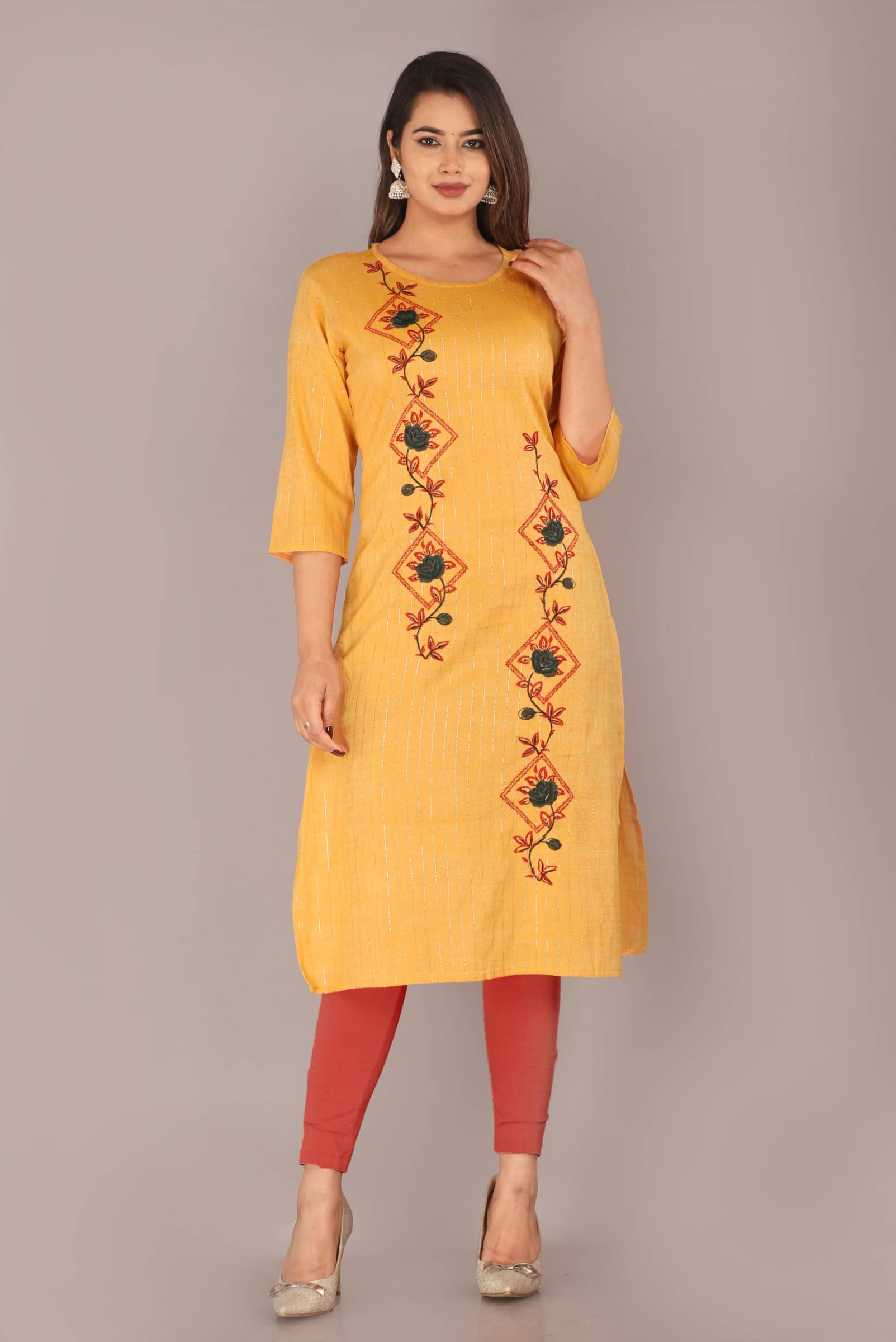     			jain creation Women's Cotton Embroidered Straight Kurti - ( Yellow )