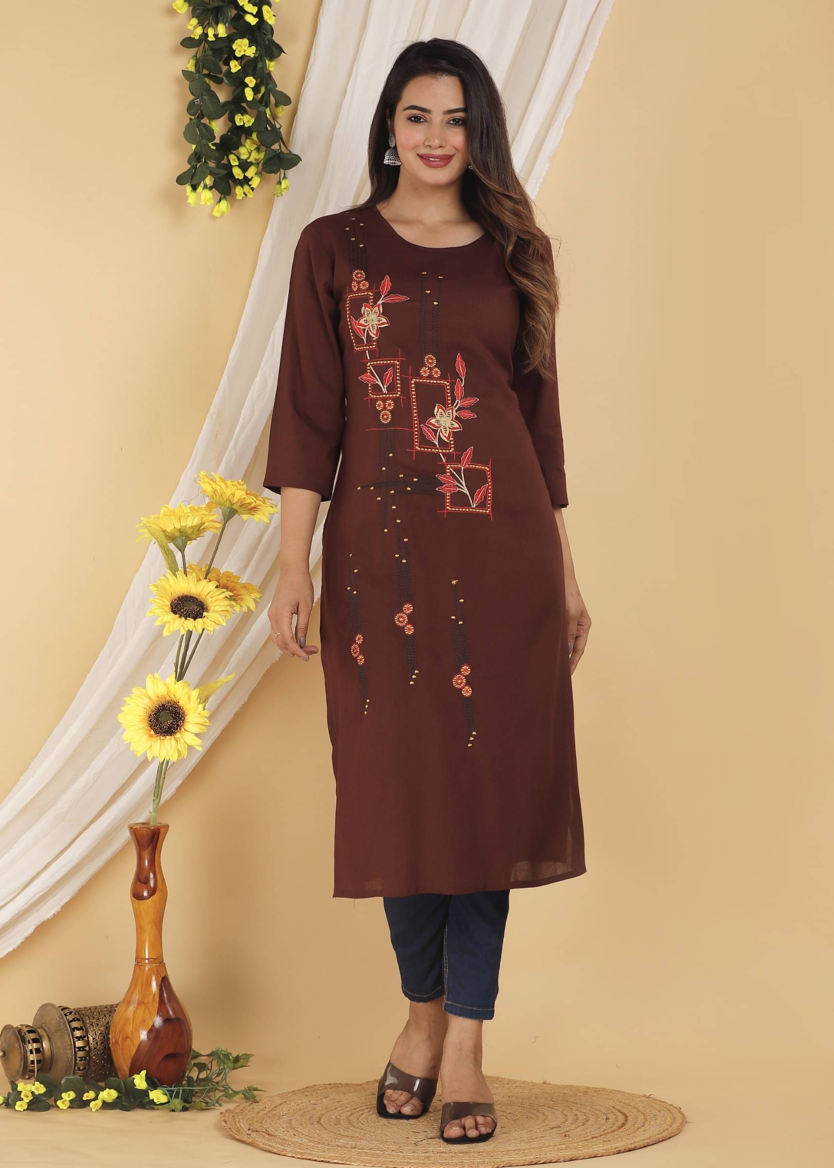 jain creation Women's Cotton Blend Embroidered Straight Kurti - ( Brown ) jain creation Women's Cotton Blend Embroidered Straight Kurti - ( Brown )