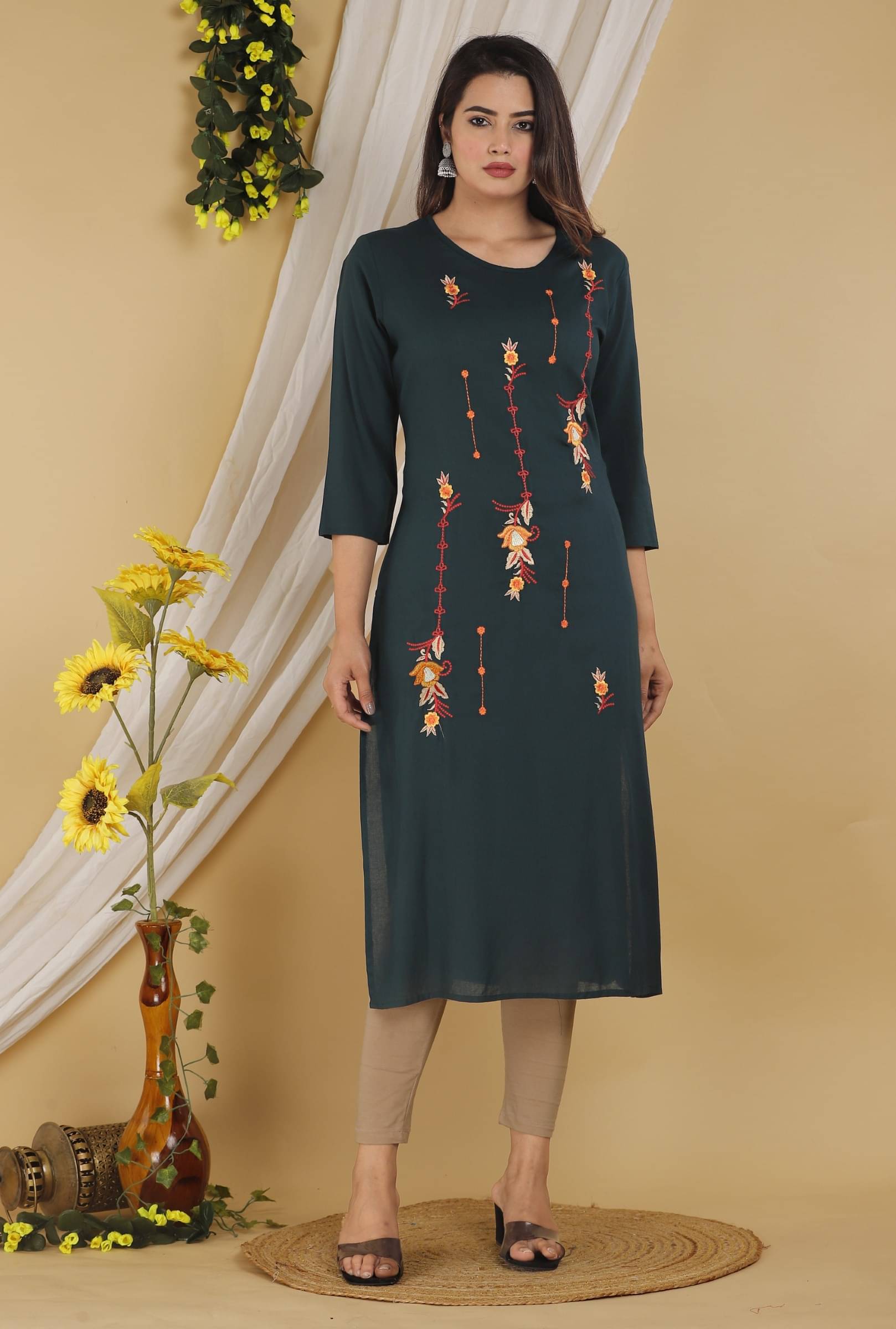 jain creation Women's Cotton Blend Embroidered Straight Kurti - ( Dark Green ) jain creation Women's Cotton Blend Embroidered Straight Kurti - ( Dark Green )