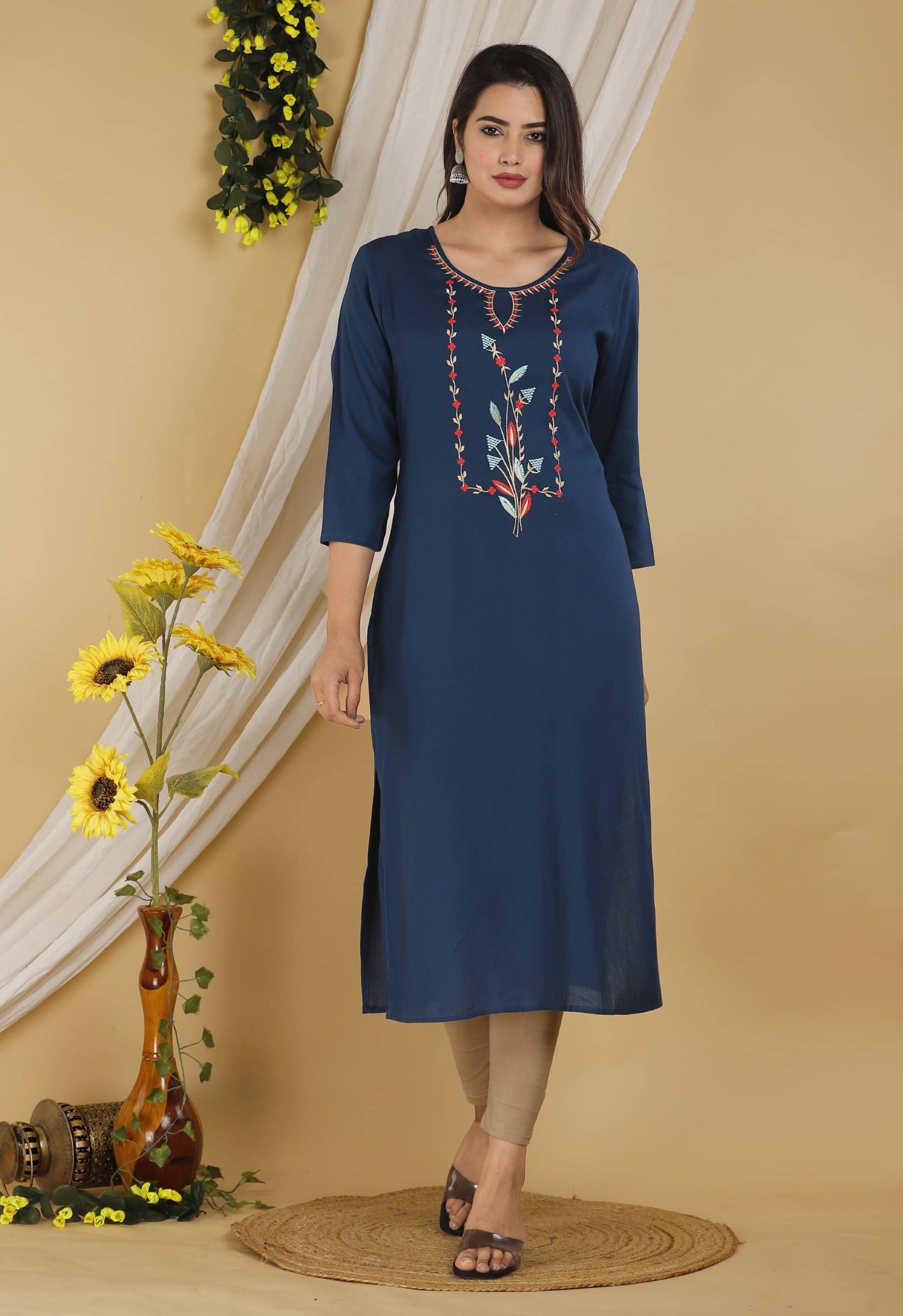 jain creation Women's Cotton Blend Embroidered Straight Kurti - ( Dark Blue ) jain creation Women's Cotton Blend Embroidered Straight Kurti - ( Dark Blue )