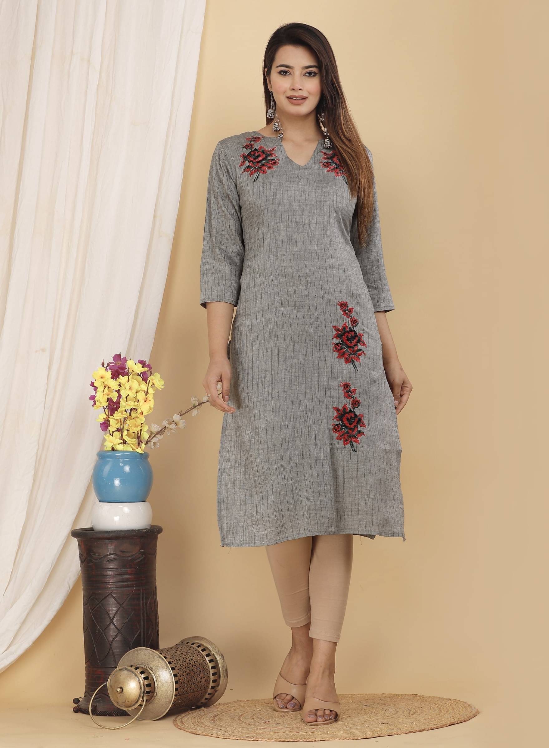 jain creation Women's Cotton Silk Embroidered Straight Kurti - ( Grey ) jain creation Women's Cotton Silk Embroidered Straight Kurti - ( Grey )
