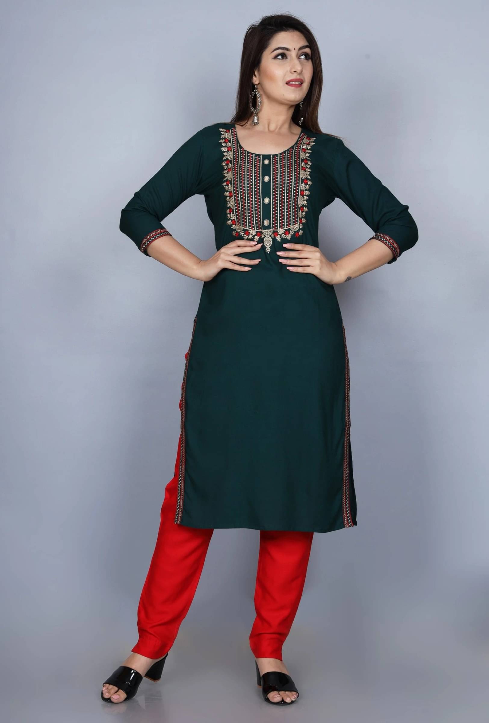 jain creation Women's Cotton Embroidered Straight Kurti - ( Dark Green ) jain creation Women's Cotton Embroidered Straight Kurti - ( Dark Green )