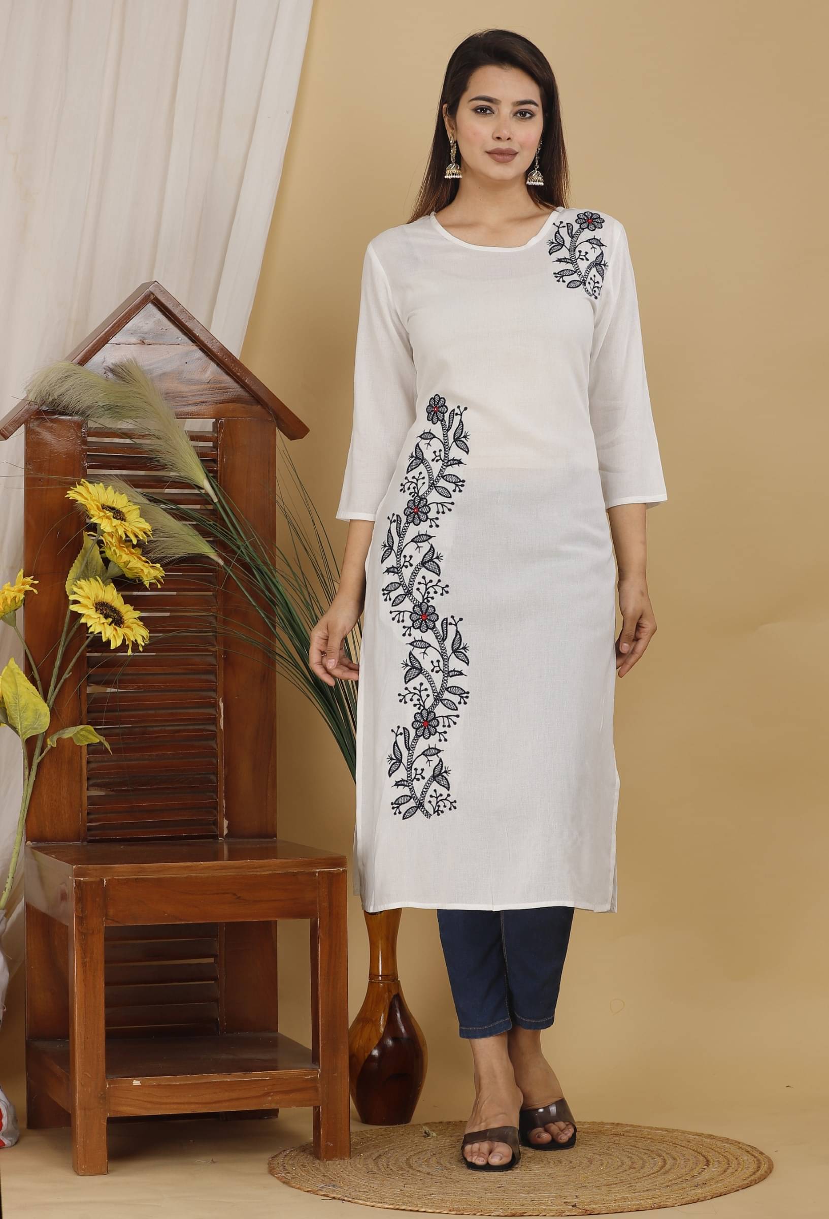 jain creation Women's Cotton Blend Embroidered Straight Kurti - ( White ) jain creation Women's Cotton Blend Embroidered Straight Kurti - ( White )