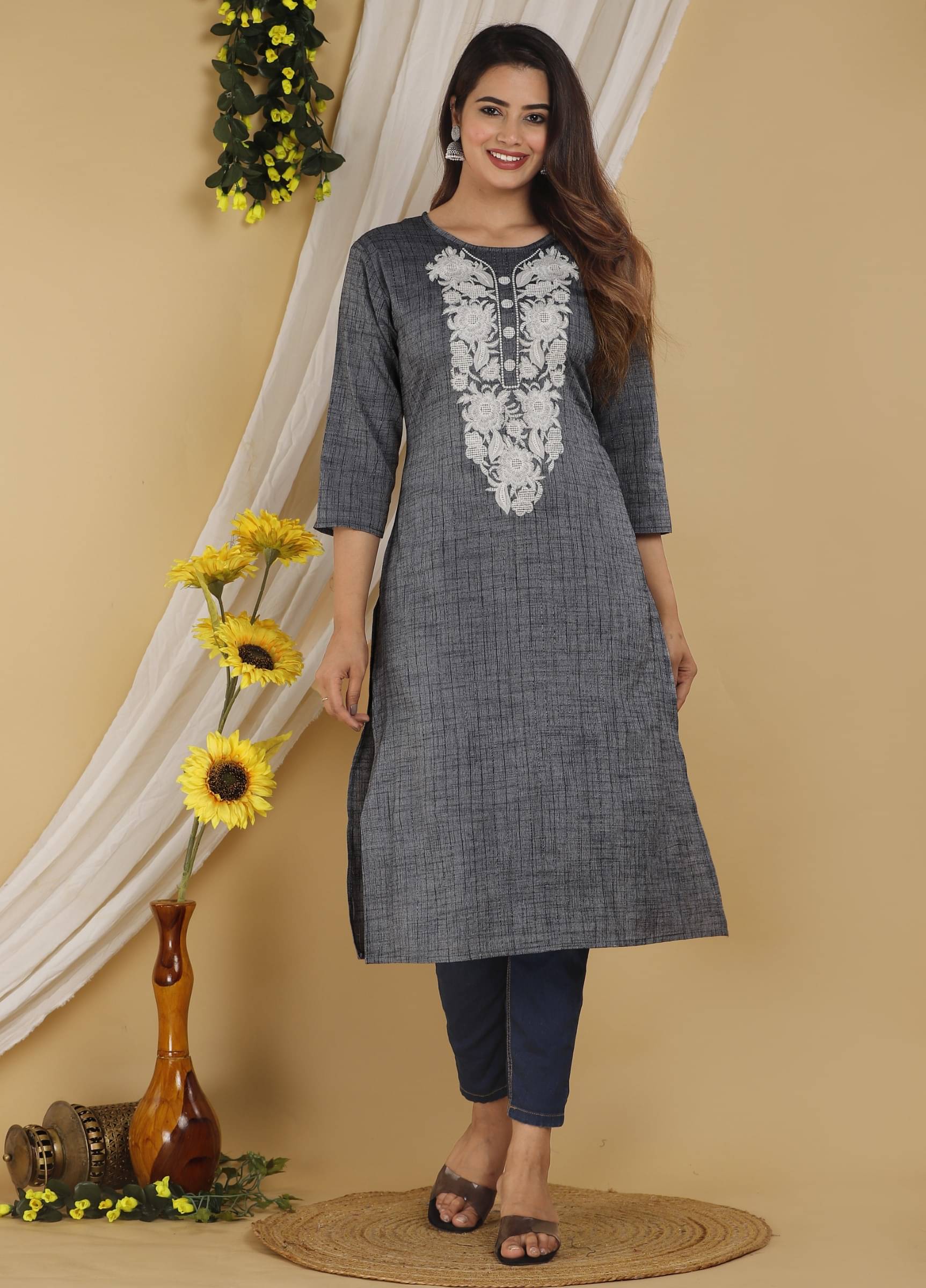 jain creation Women's Cotton Silk Embroidered Straight Kurti - ( Grey ) jain creation Women's Cotton Silk Embroidered Straight Kurti - ( Grey )