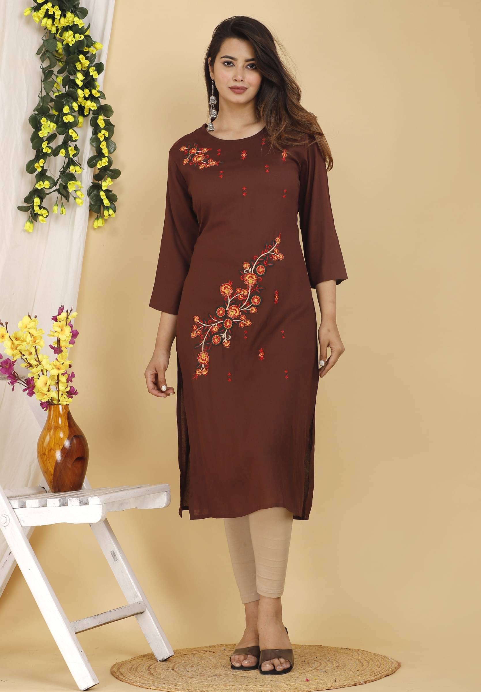     			jain creation Women's Cotton Blend Embroidered Straight Kurti - ( Brown )