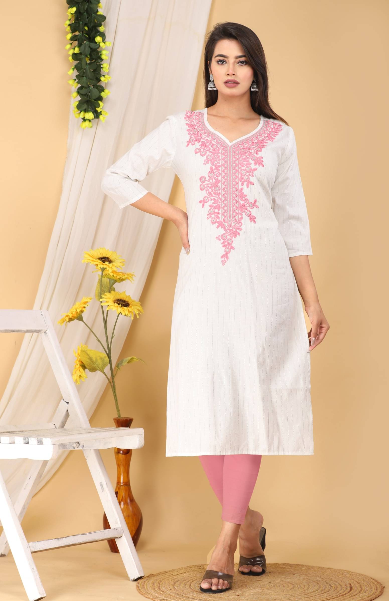 jain creation Women's Cotton Blend Embroidered Straight Kurti - ( White ) jain creation Women's Cotton Blend Embroidered Straight Kurti - ( White )