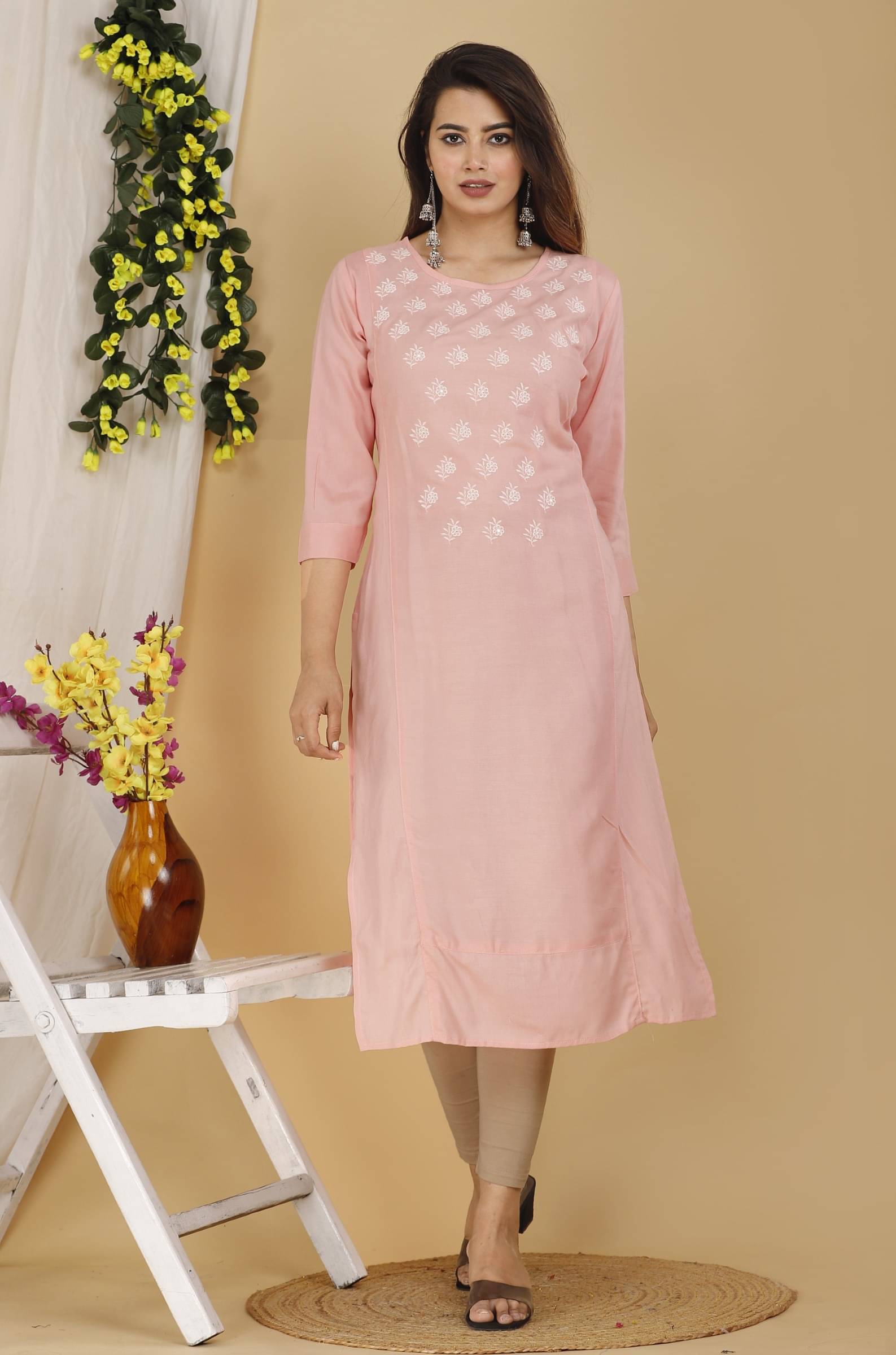 jain creation Women's Cotton Blend Embroidered Straight Kurti - ( Pink ) jain creation Women's Cotton Blend Embroidered Straight Kurti - ( Pink )
