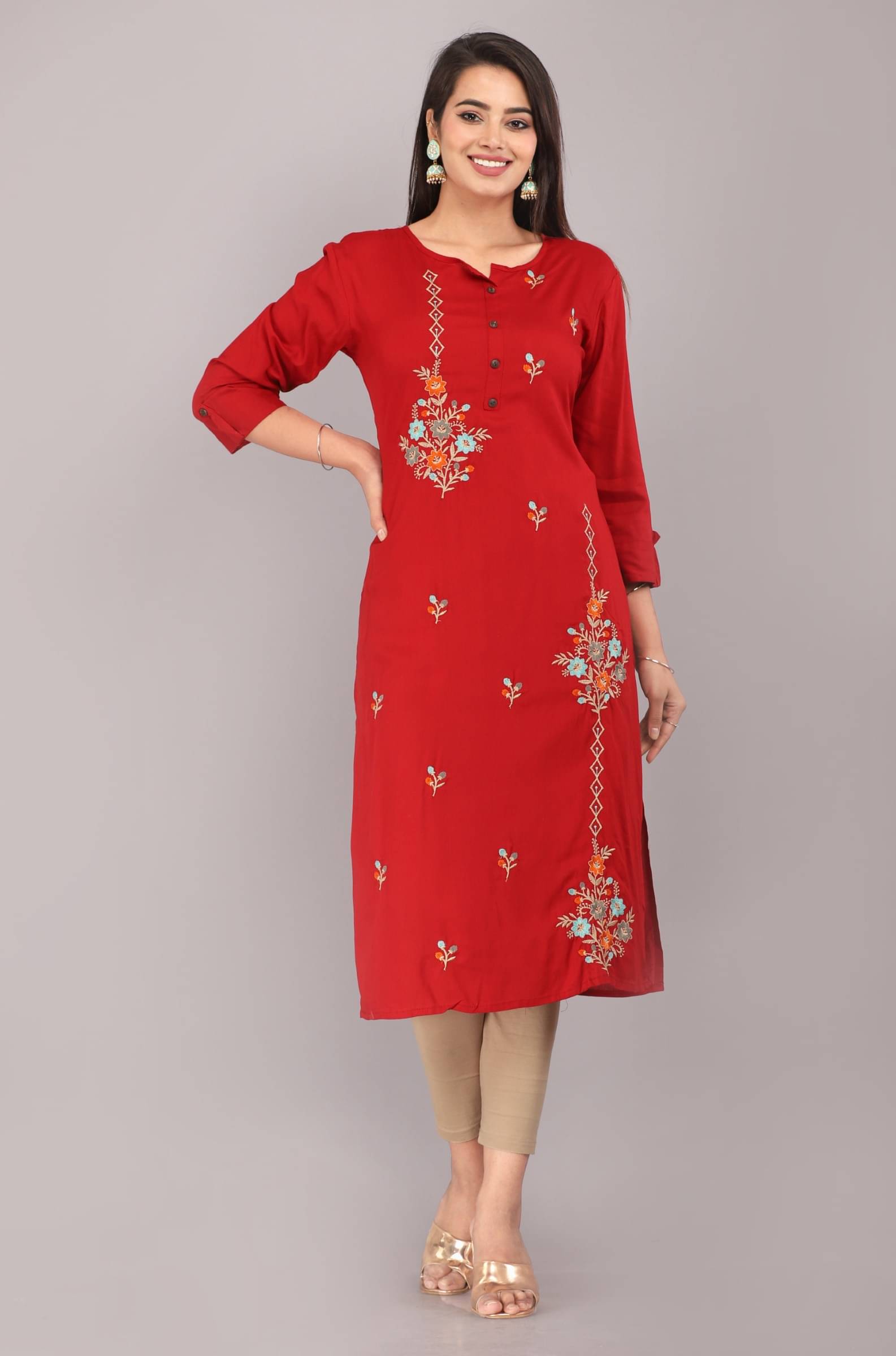 jain creation Women's Cotton Blend Embroidered Straight Kurti - ( Multicolor ) jain creation Women's Cotton Blend Embroidered Straight Kurti - ( Multicolor )