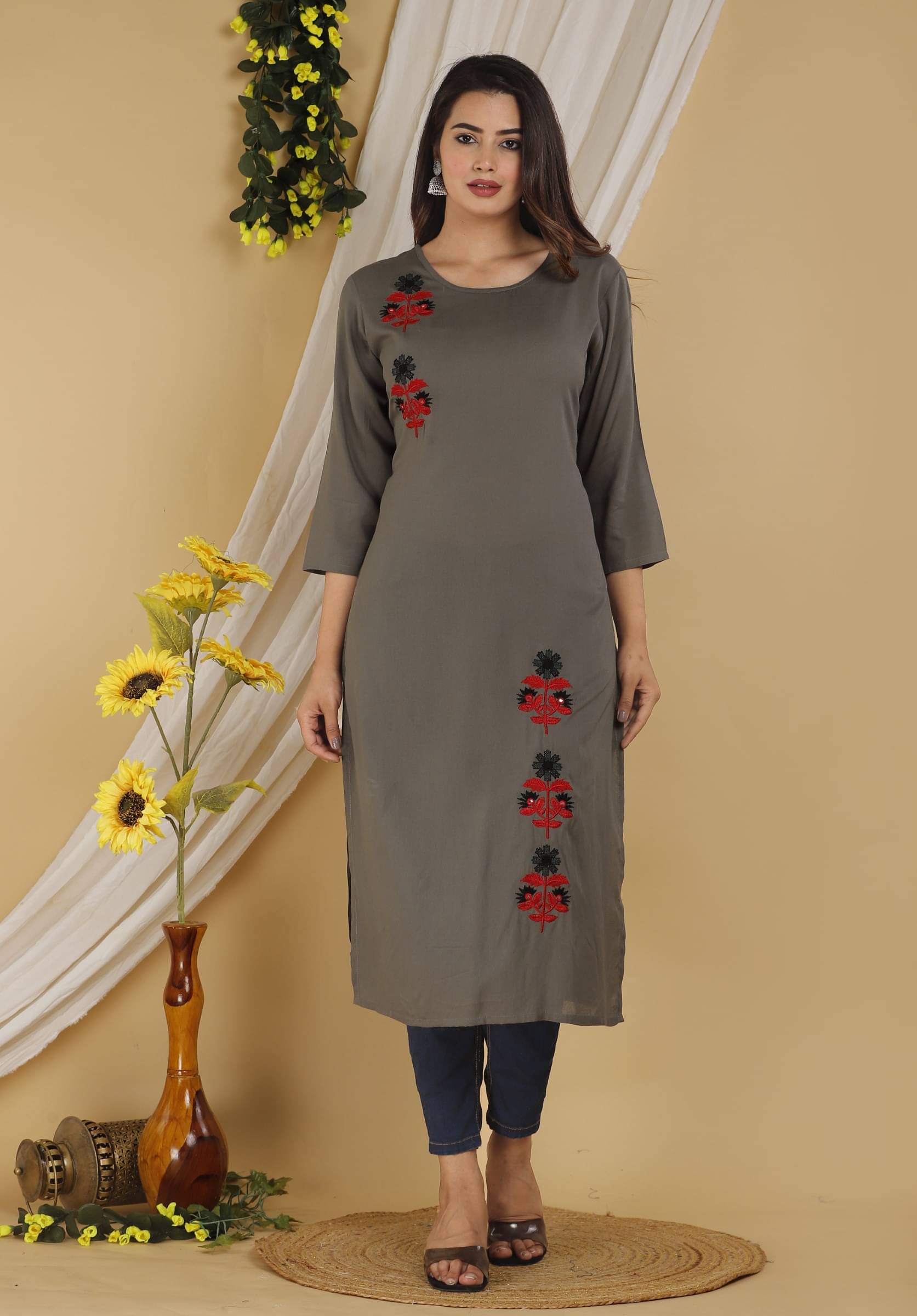 jain creation Women's Cotton Blend Embroidered Straight Kurti - ( Grey ) jain creation Women's Cotton Blend Embroidered Straight Kurti - ( Grey )