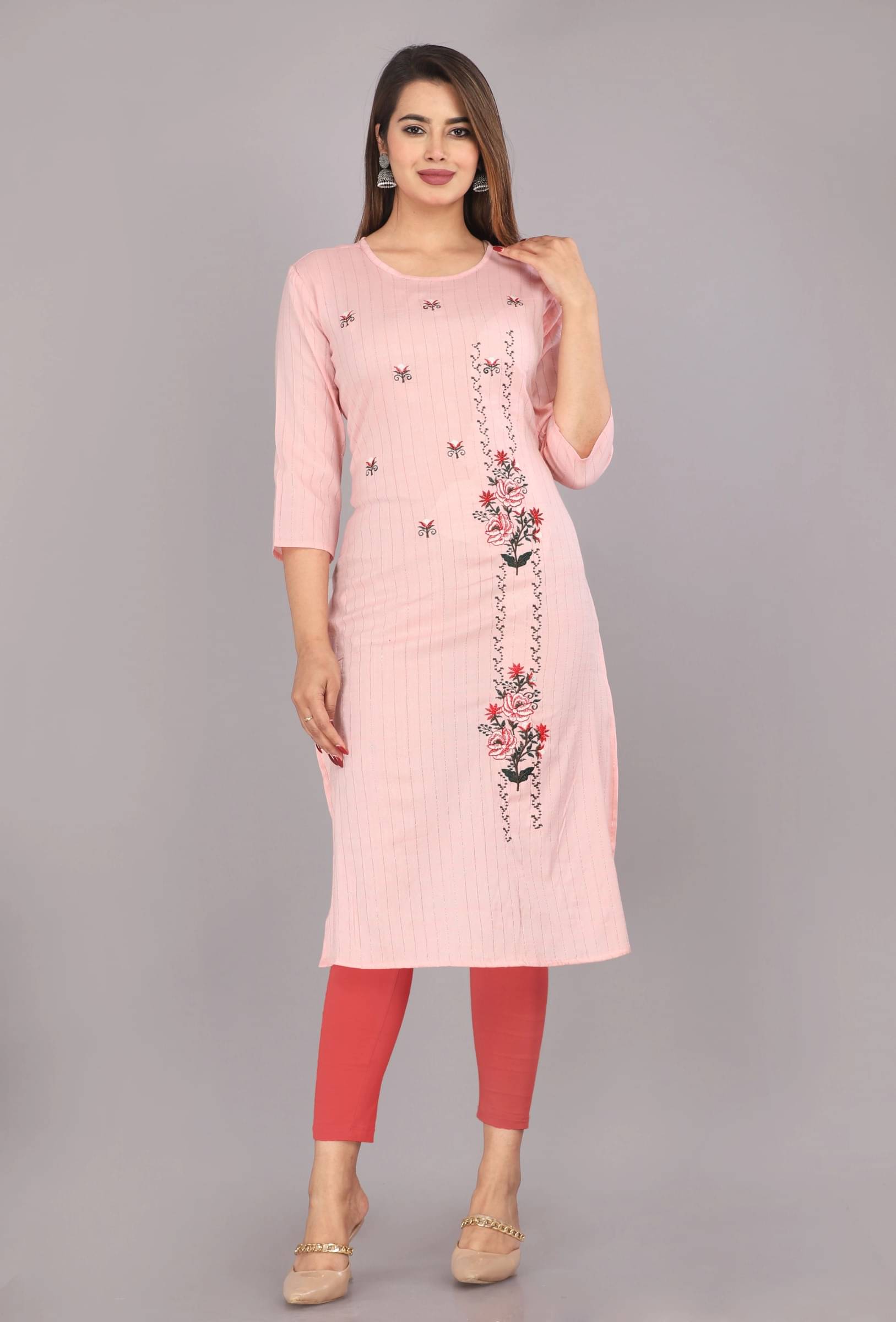 jain creation Women's Cotton Blend Embroidered Straight Kurti - ( Pink ) jain creation Women's Cotton Blend Embroidered Straight Kurti - ( Pink )