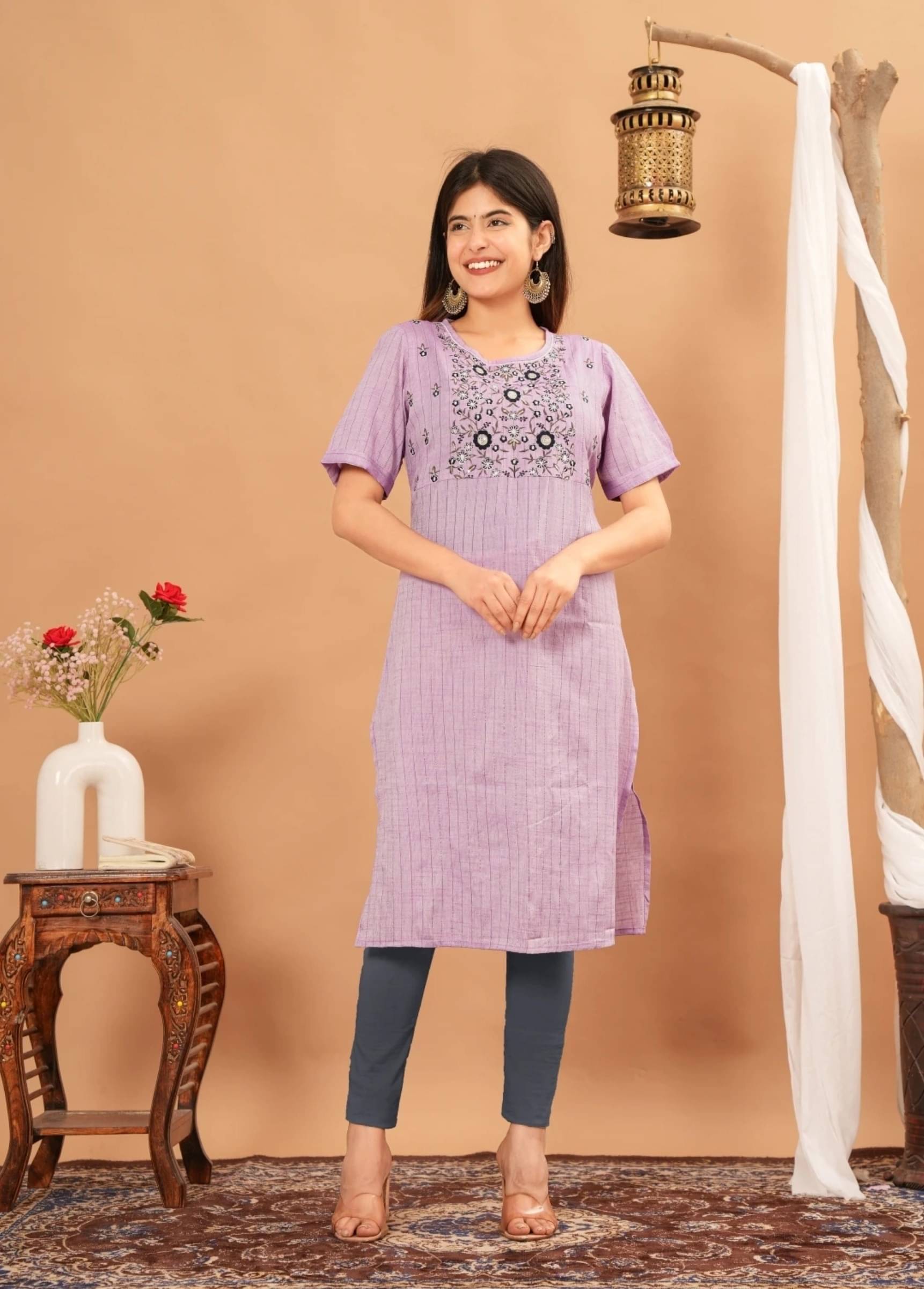     			jain creation Women's Cotton Embroidered Straight Kurti - ( Purple )
