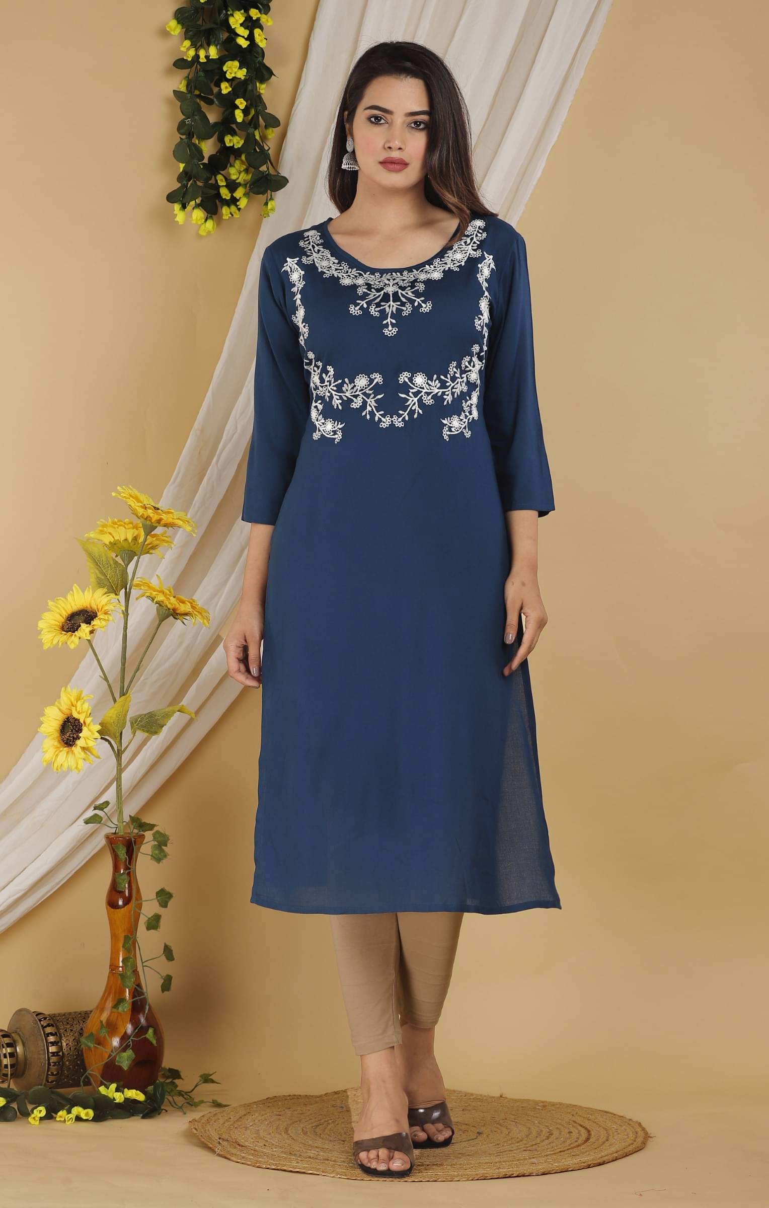 jain creation Women's Cotton Blend Embroidered Straight Kurti - ( Dark Blue ) jain creation Women's Cotton Blend Embroidered Straight Kurti - ( Dark Blue )