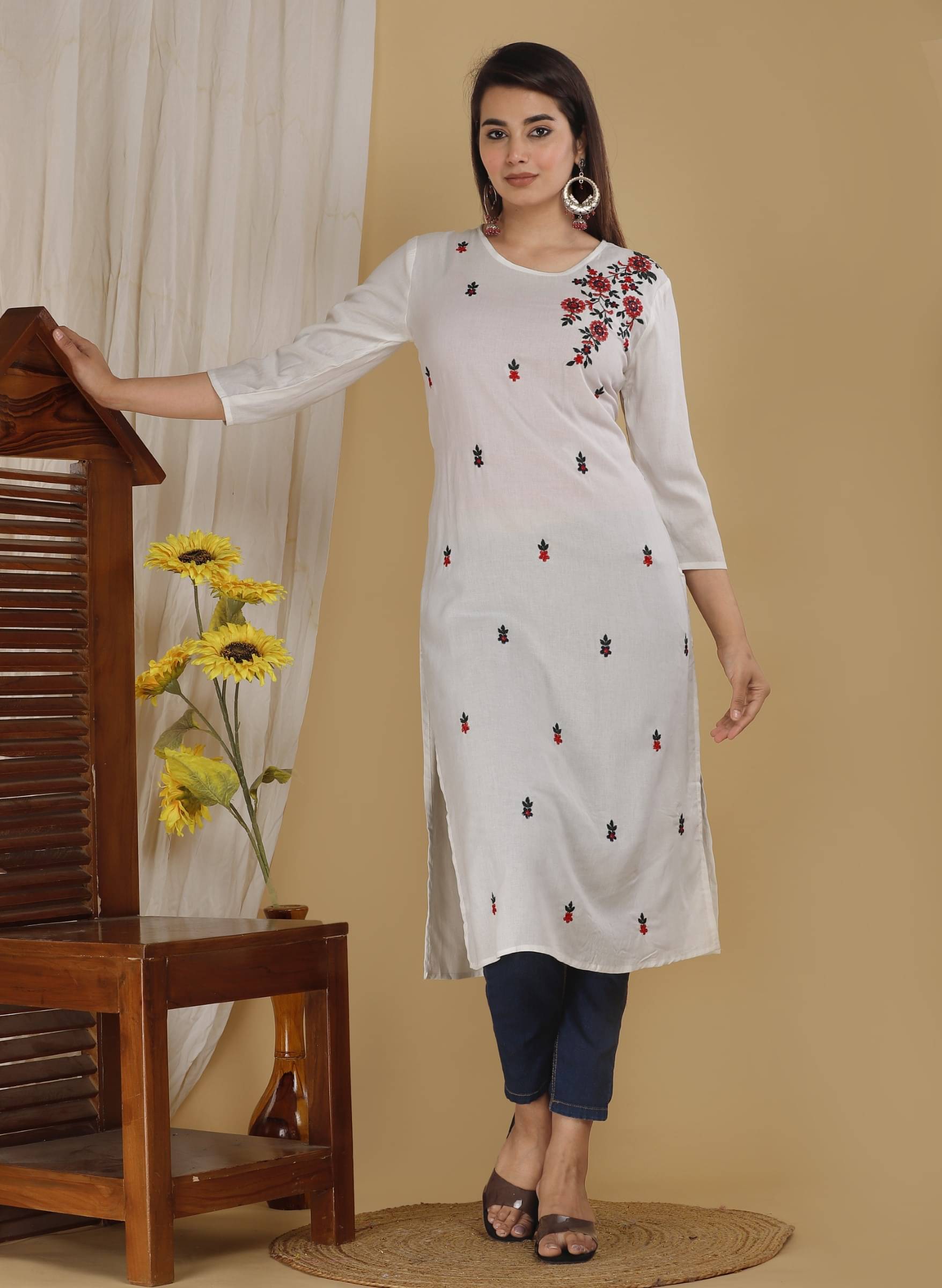 jain creation Women's Cotton Blend Embroidered Straight Kurti - ( White ) jain creation Women's Cotton Blend Embroidered Straight Kurti - ( White )