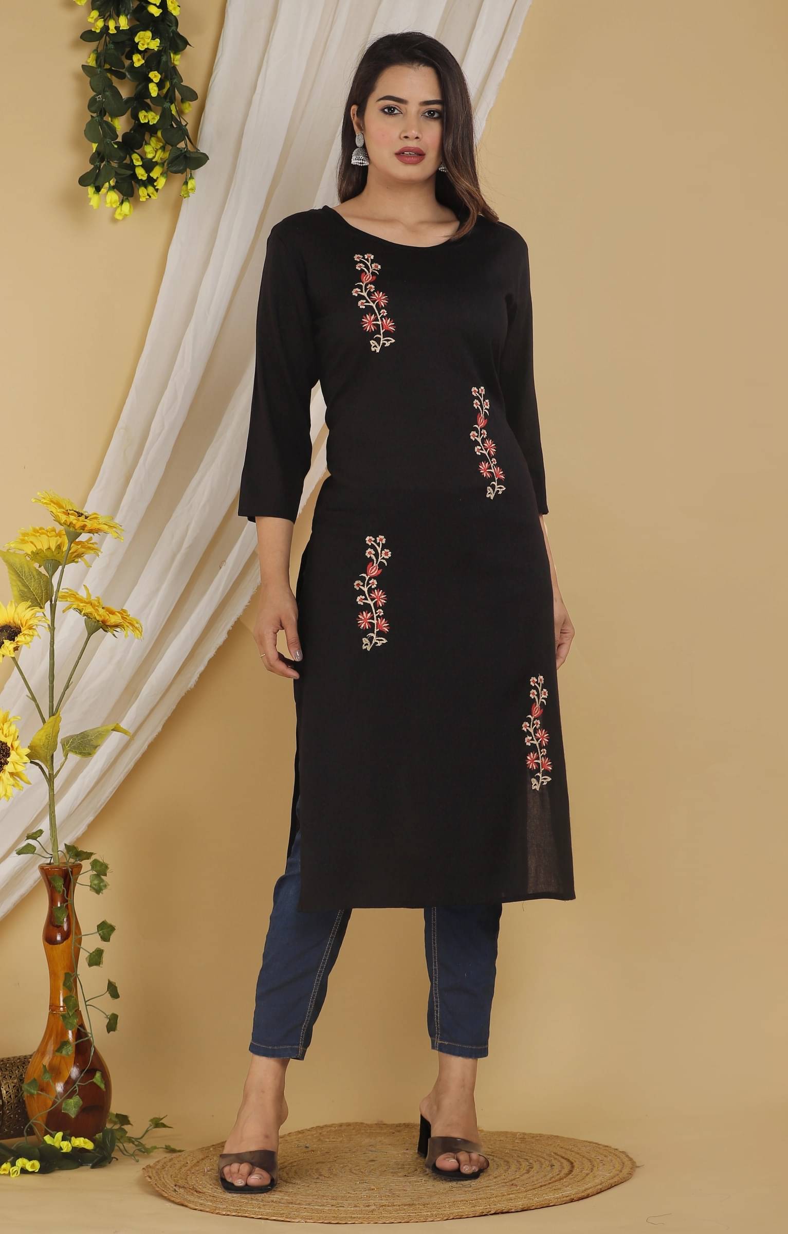     			jain creation Women's Cotton Blend Embroidered Straight Kurti - ( Black )