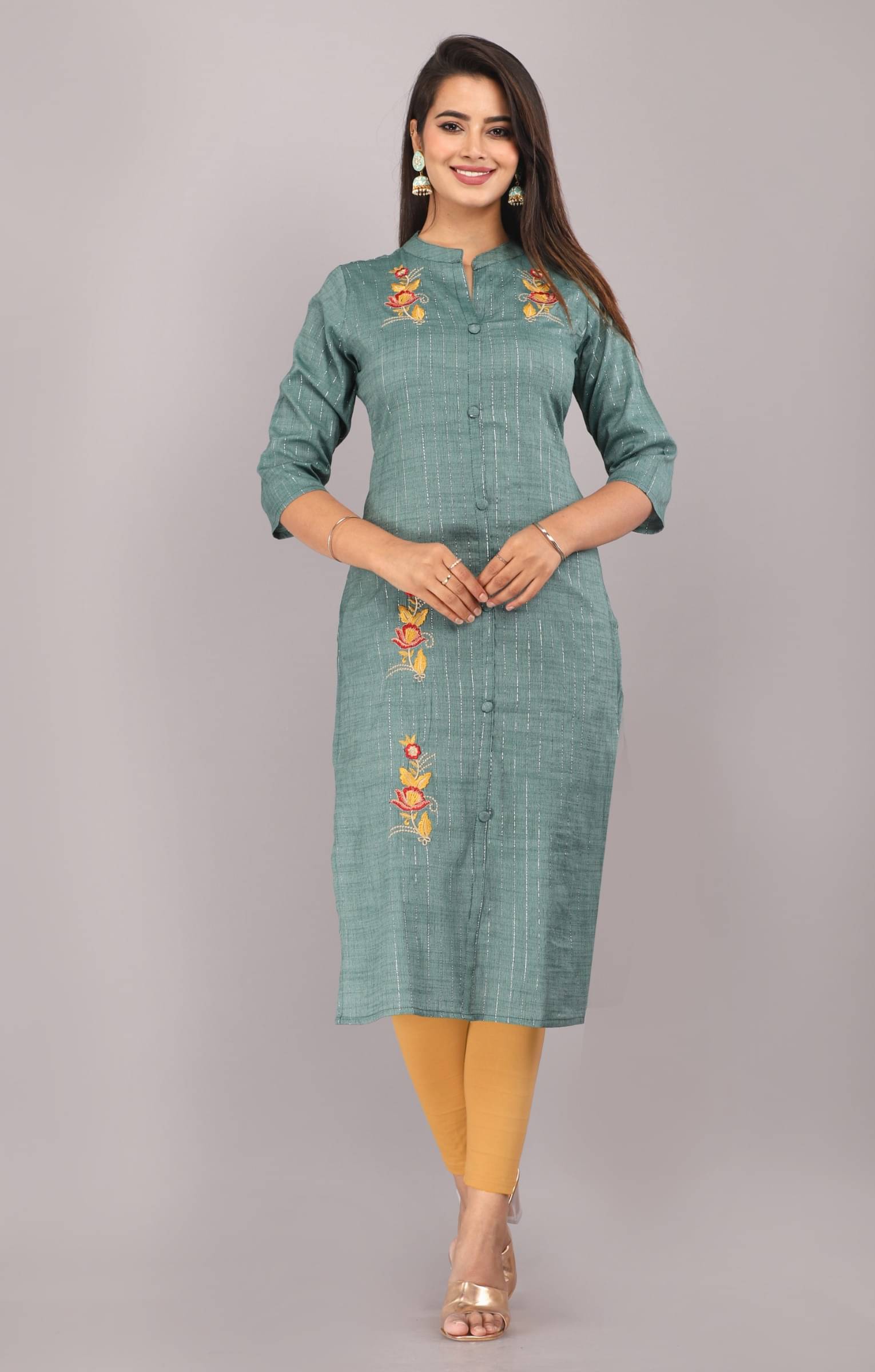     			jain creation Women's Cotton Silk Embroidered Straight Kurti - ( Green )