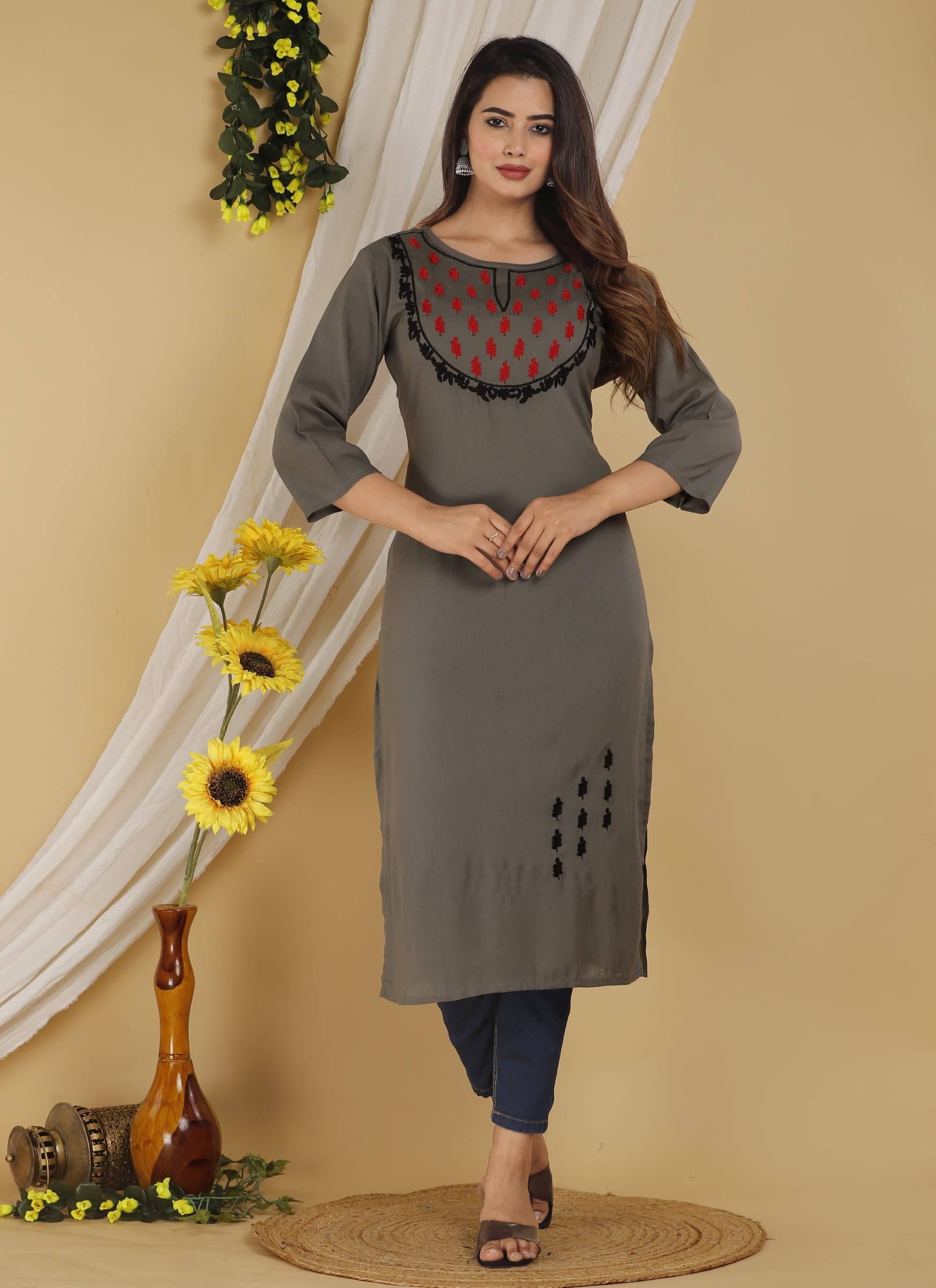 jain creation Women's Cotton Blend Embroidered Straight Kurti - ( Brown ) jain creation Women's Cotton Blend Embroidered Straight Kurti - ( Brown )