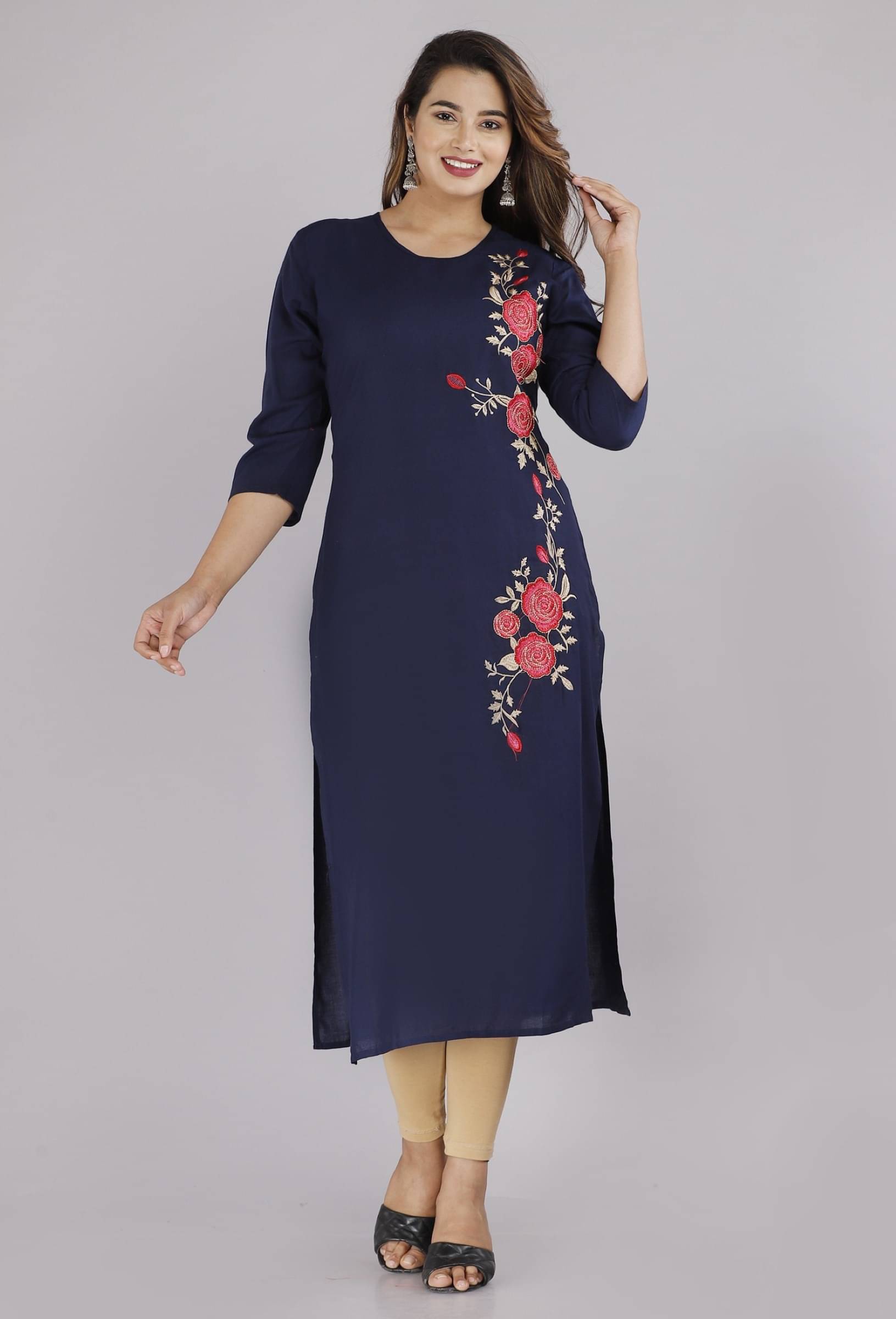     			jain creation Women's Viscose Rayon Embroidered Straight Kurti - ( Dark Blue )